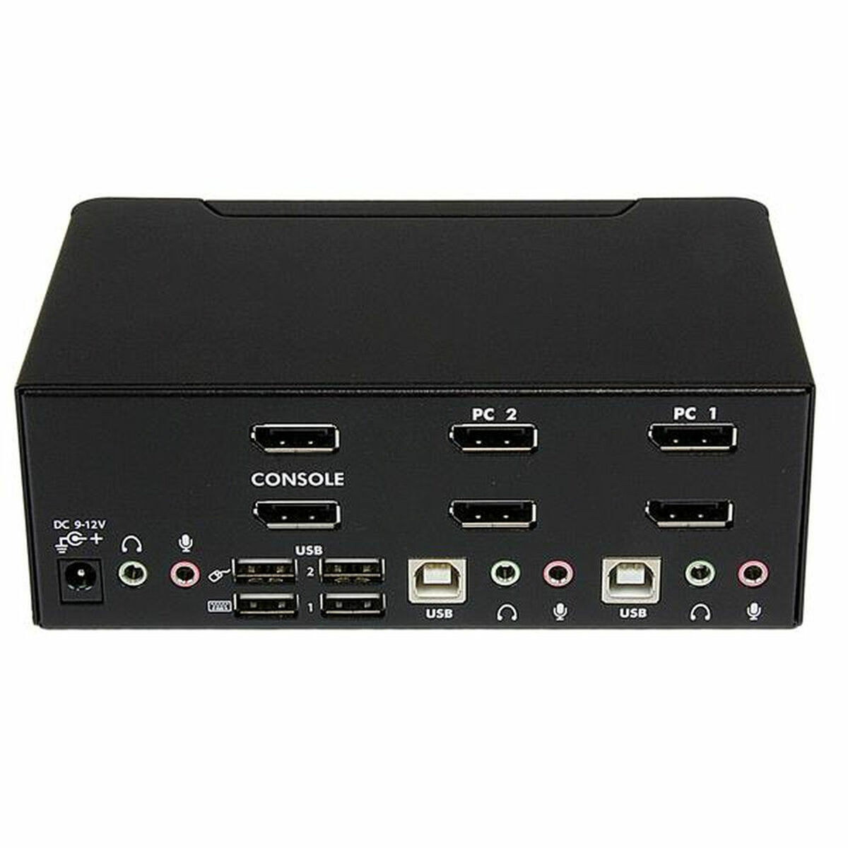 Schwarzes Gerät mit mehreren Anschlüssen auf der Vorderseite. Text: Konsole, PC1, PC2, USB. Anschlüsse.