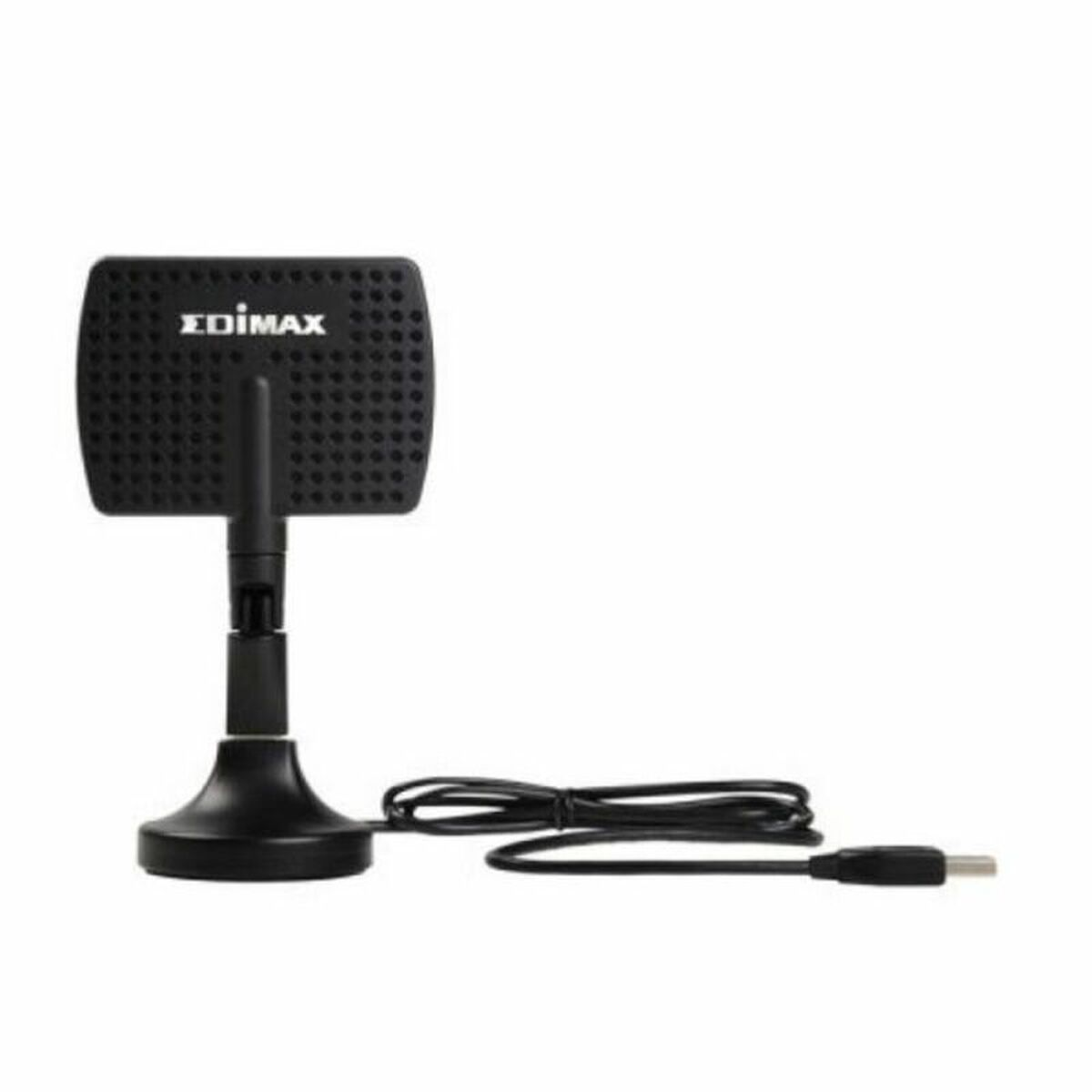 Antena Edimax sobre un soporte, con un cable negro y un conector USB.