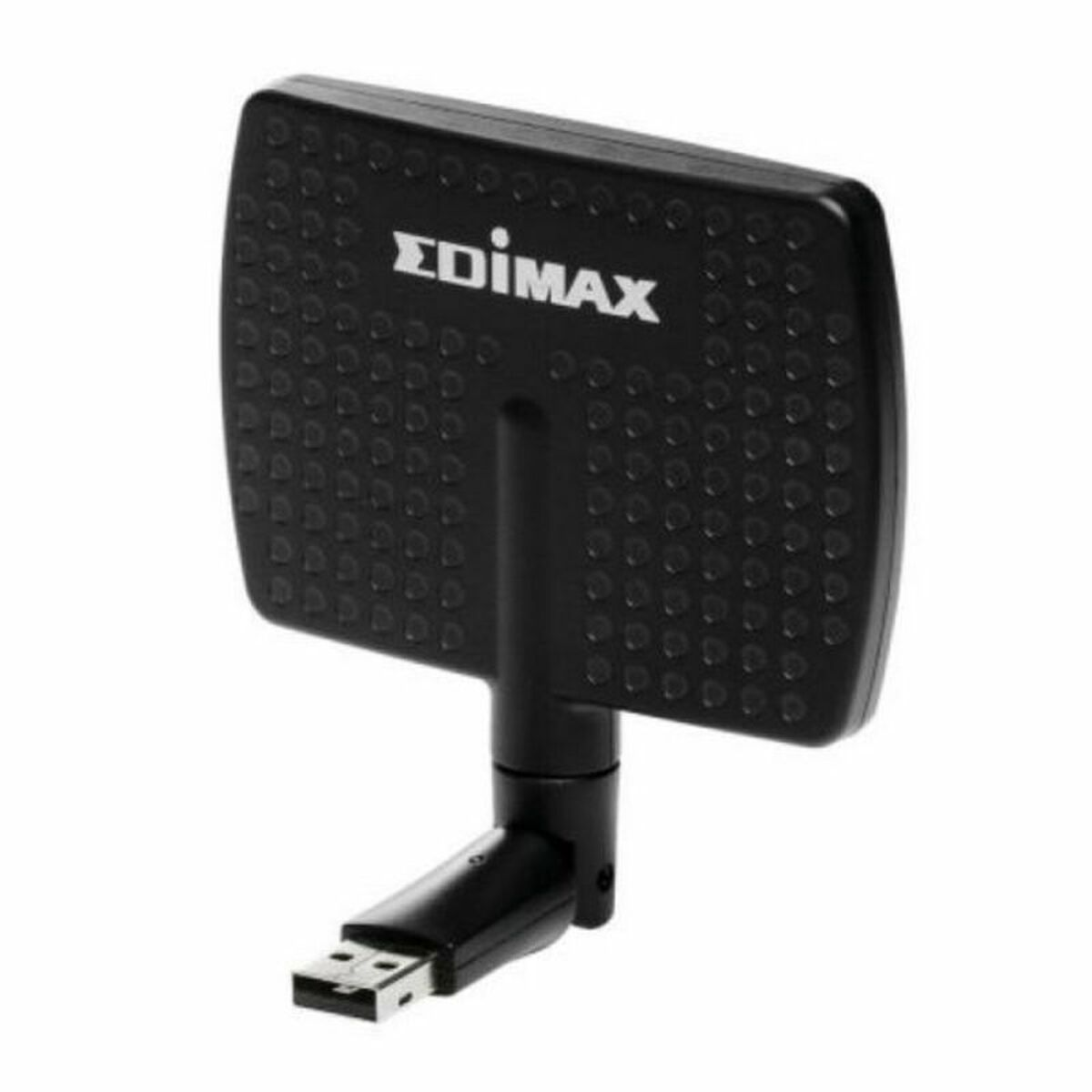 Antena Edimax negra con conector USB, sobre fondo blanco.