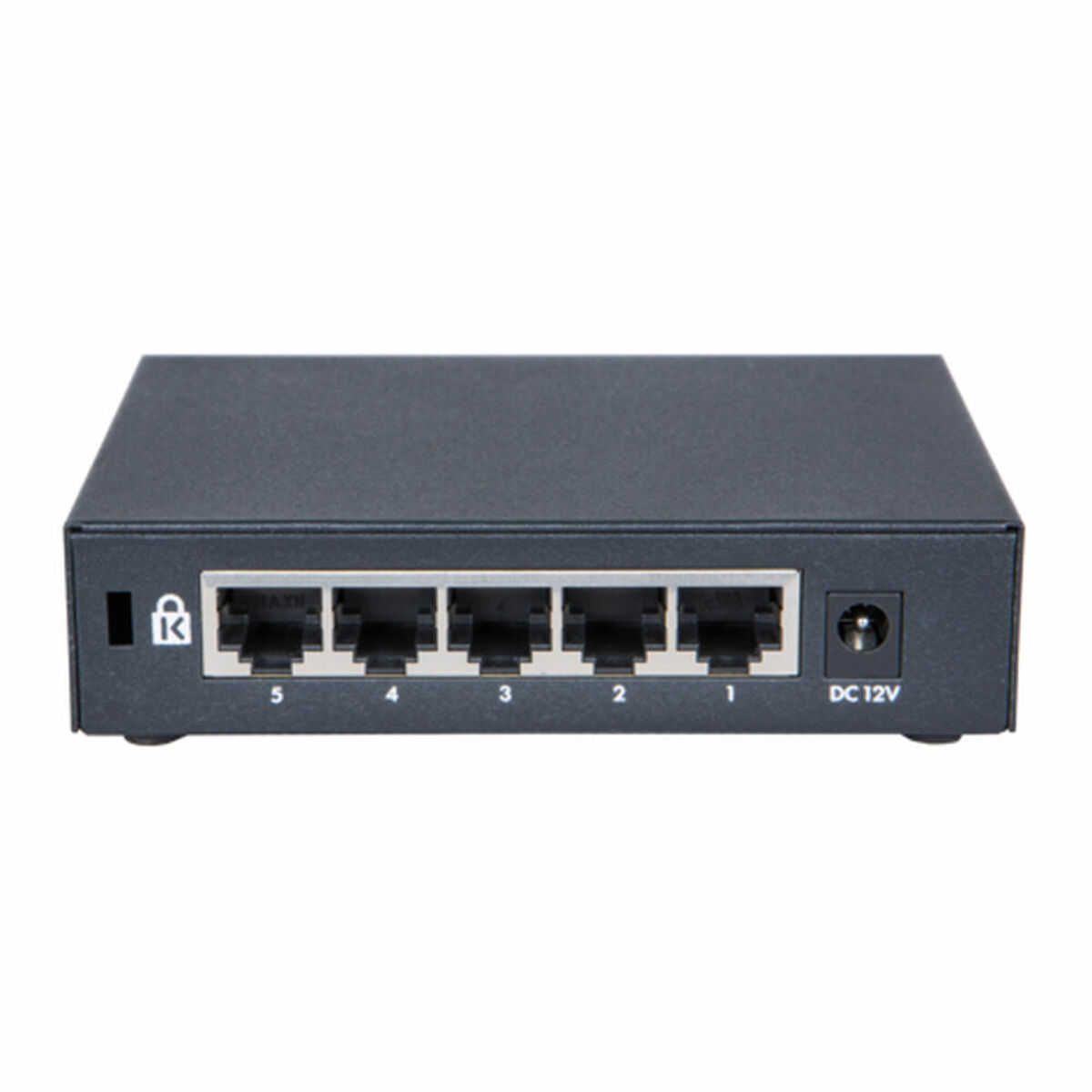 Switch di rete nero. Cinque porte numerate, porta DC 12V e icona lucchetto.