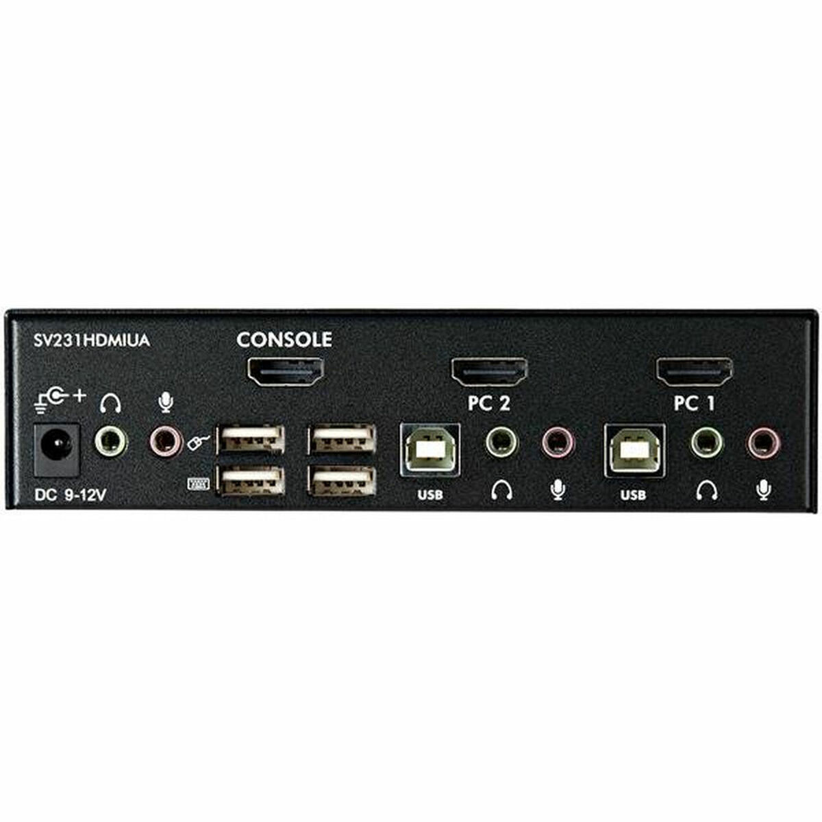 Dispositivo electrónico negro con múltiples puertos etiquetados PC1, PC2, USB y consola.