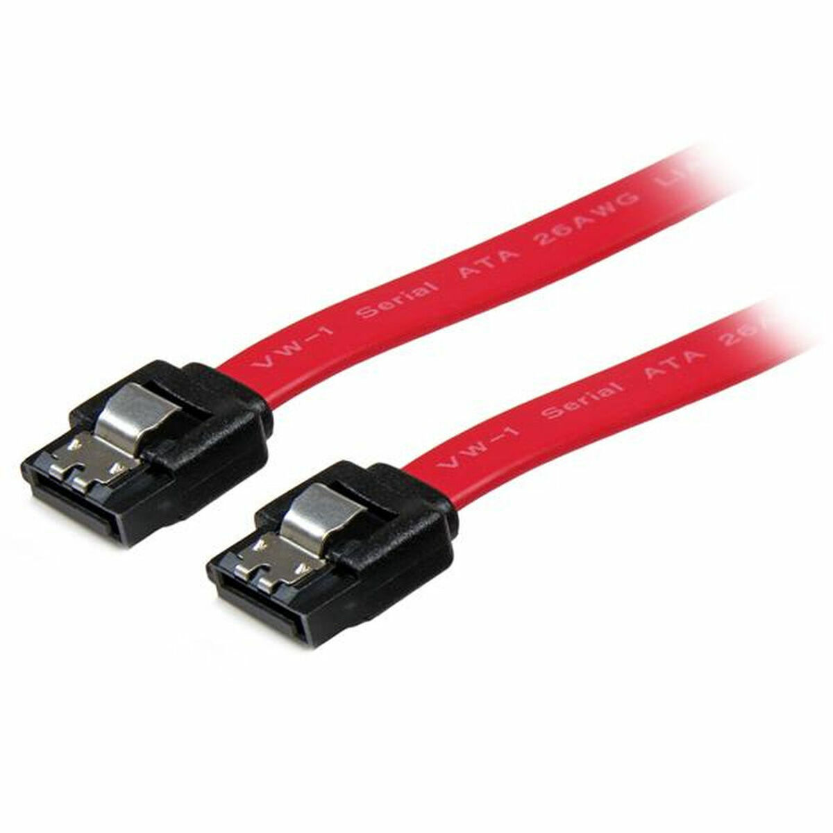 Red SATA cable with black connectors, on a white background.