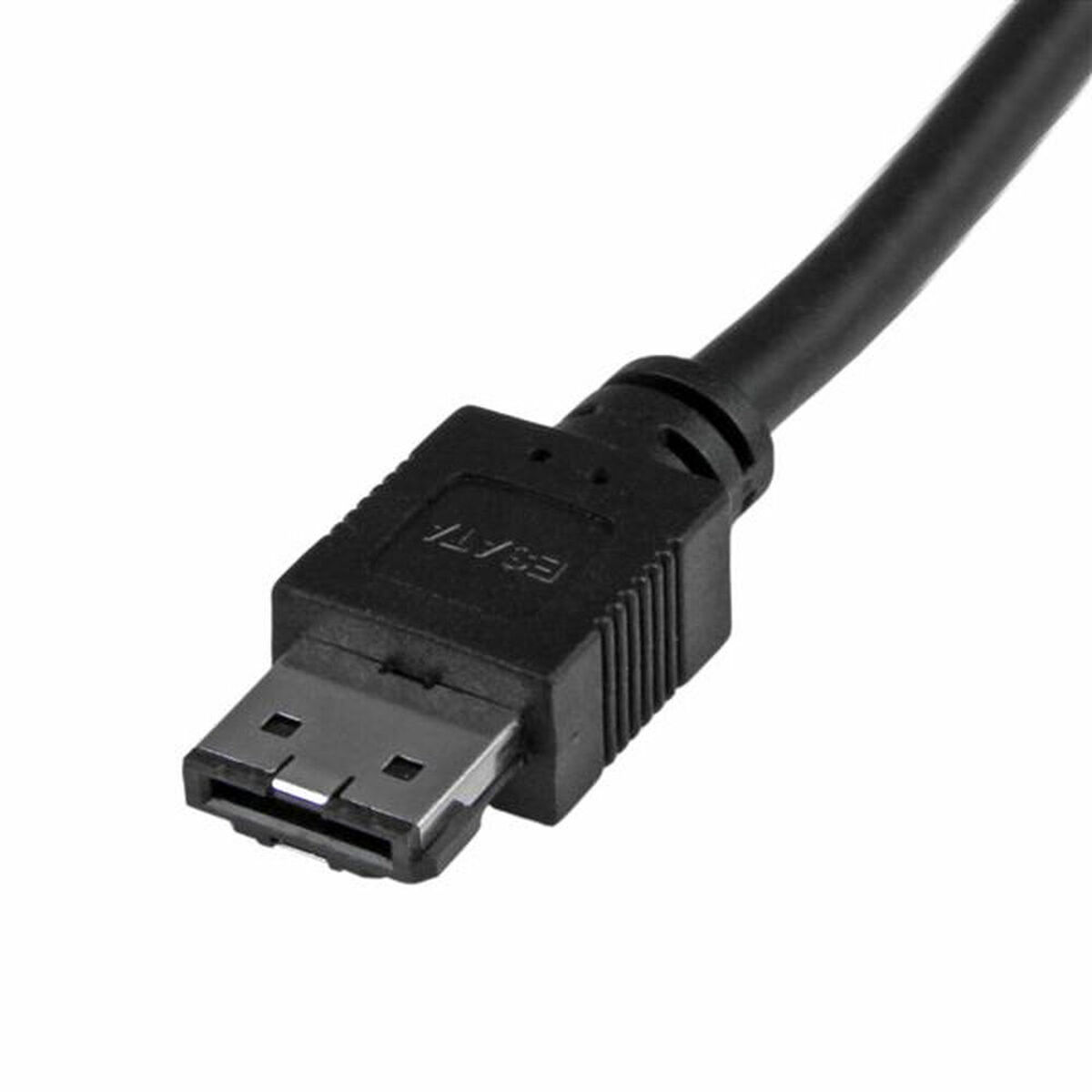 Connettore cavo eSATA nero con contatti metallici e impugnatura a coste.