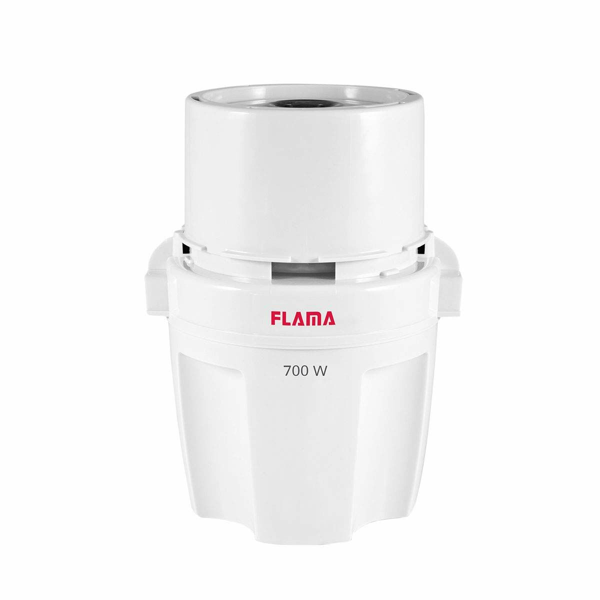 Weißer Food Processor mit der Marke FLAMA. Isoliert auf weißem Hintergrund.