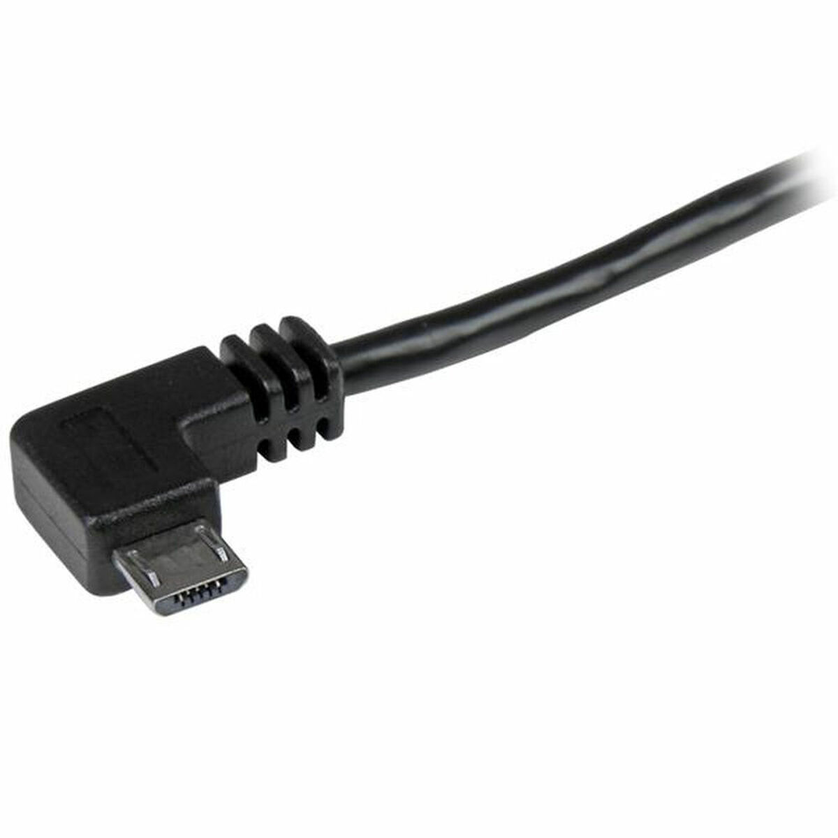 Cavo USB nero con micro USB e connettore angolato. Lo sfondo è bianco.