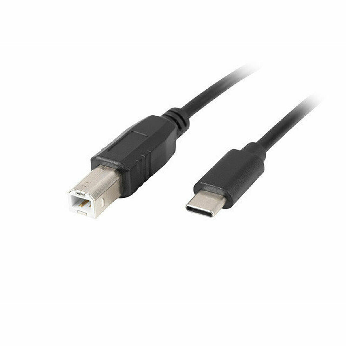 Un cable USB a USB-C sobre un fondo blanco, con conectores en ambos extremos.