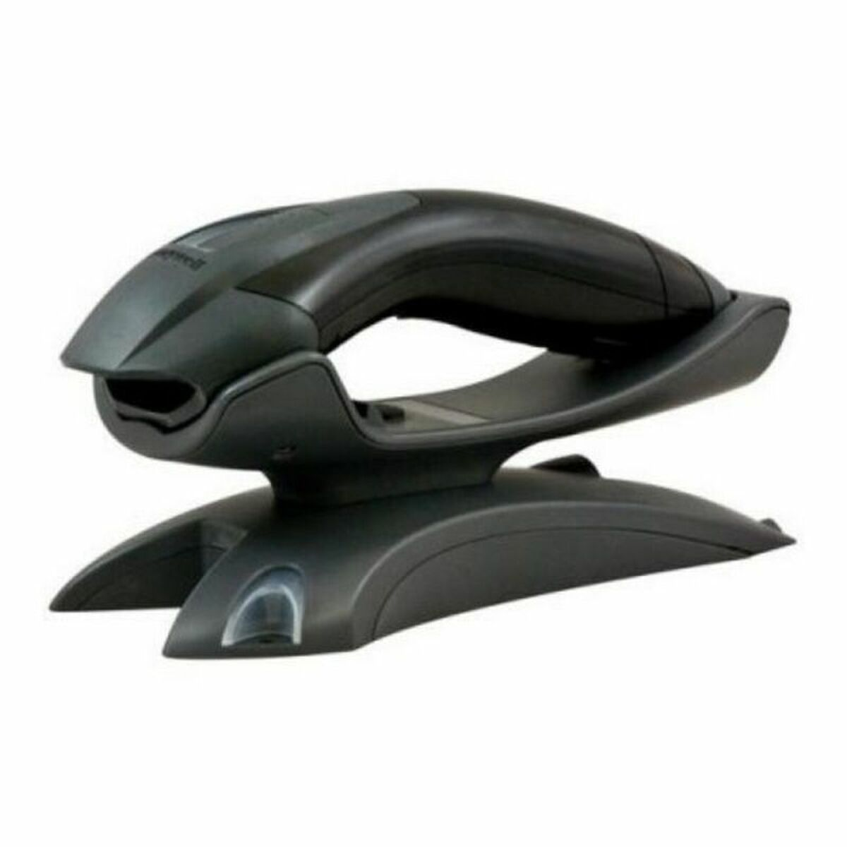 Uno scanner di codici a barre portatile nero su un supporto nero.
