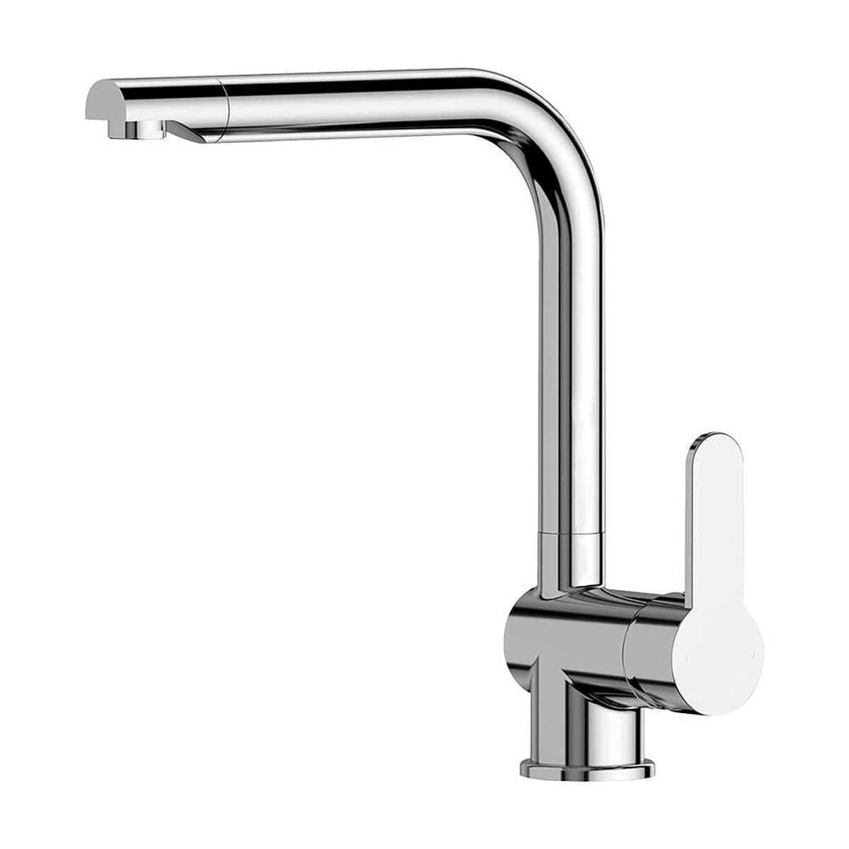 Chrom-Küchenarmatur mit gebogenem Auslauf, weißer Hintergrund.