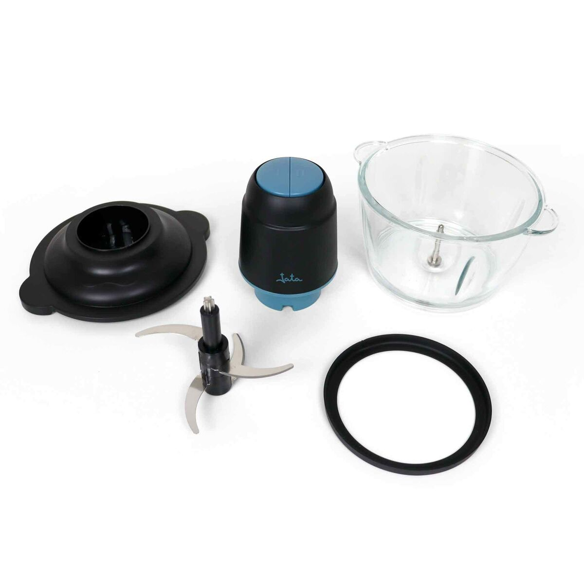 Zerlegter Küchenmixer: schwarze Basis, Klinge, Behälter, Deckel und schwarzer und blauer Motor.