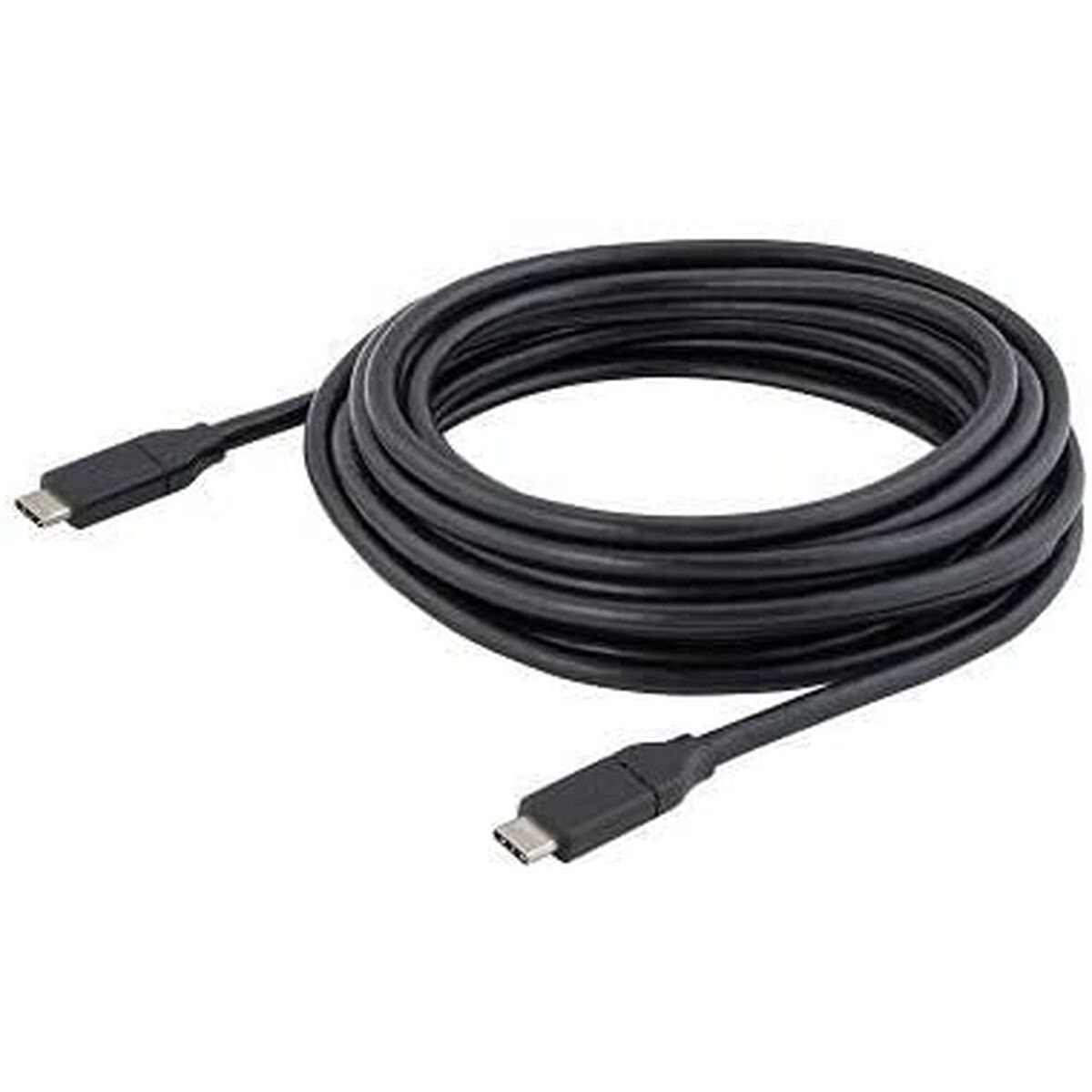 Un cavo USB-C nero arrotolato su sfondo bianco.