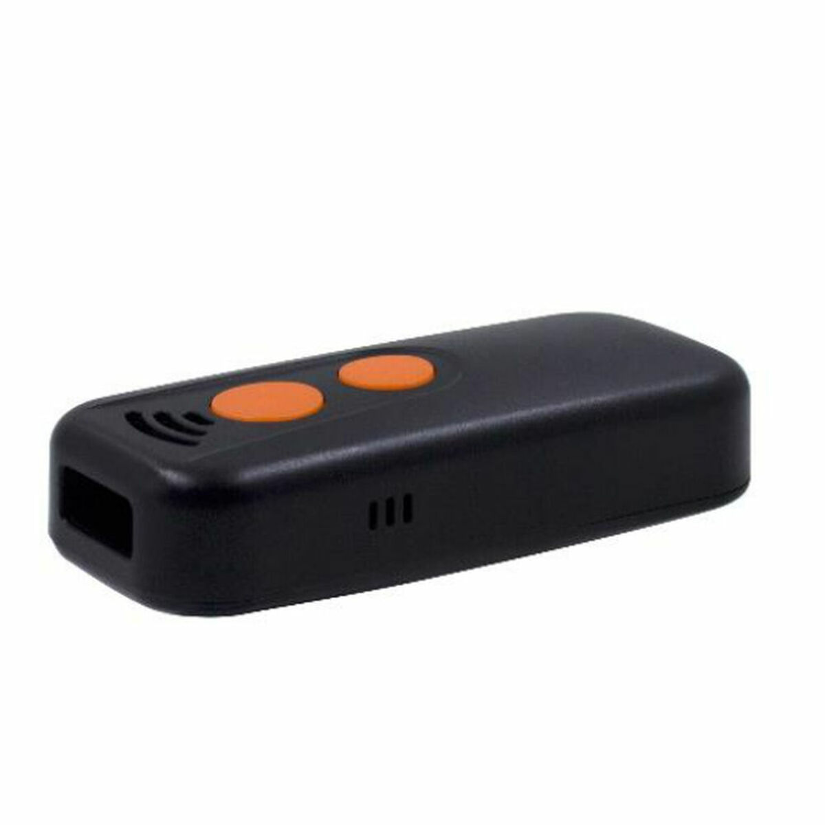 Eine schwarze Fernbedienung mit zwei orangefarbenen Knöpfen. Sie hat einen Schlitz und drei kleine Linien. Isoliert auf weißem Hintergrund.