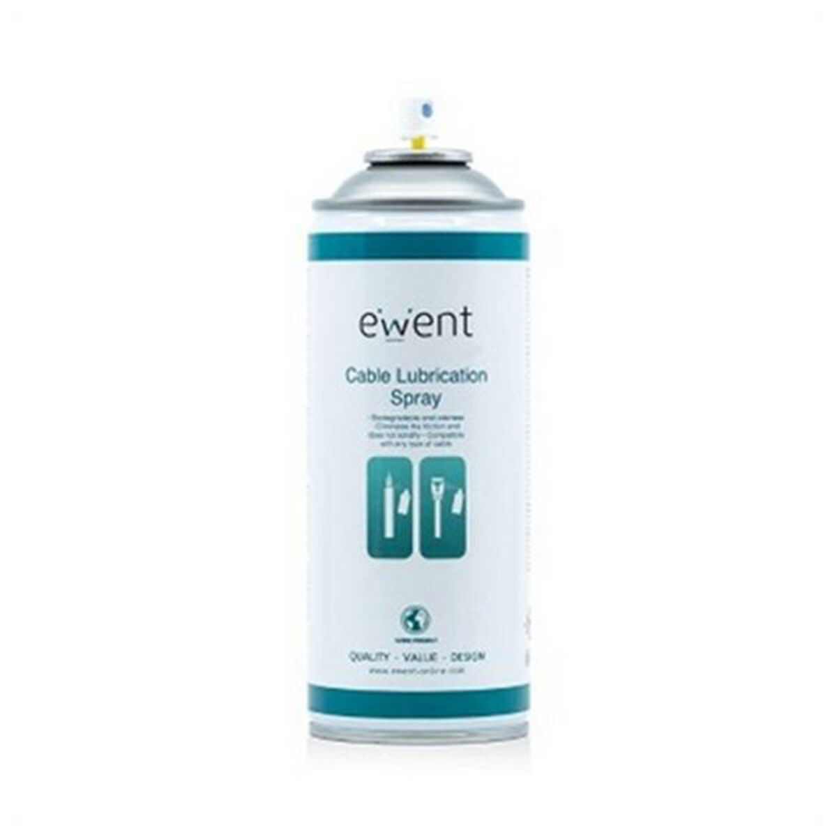 Lata de aerosol lubricante de cables Ewent, diseño blanco y turquesa. Texto: Cable Lubrication Spray.