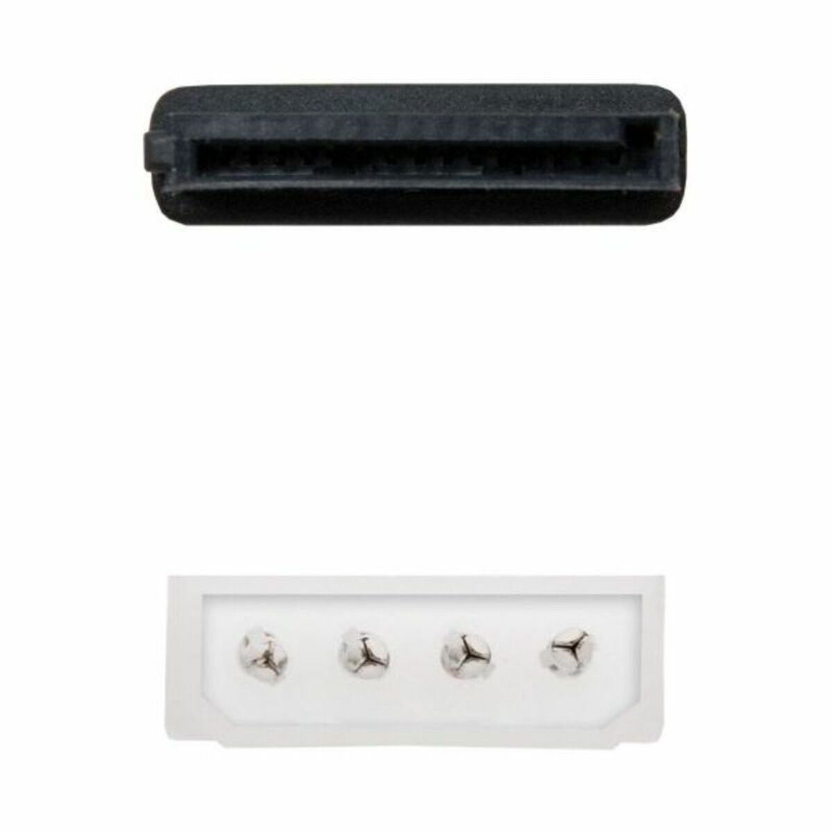 Connettore SATA e connettore di alimentazione. Sfondo bianco.