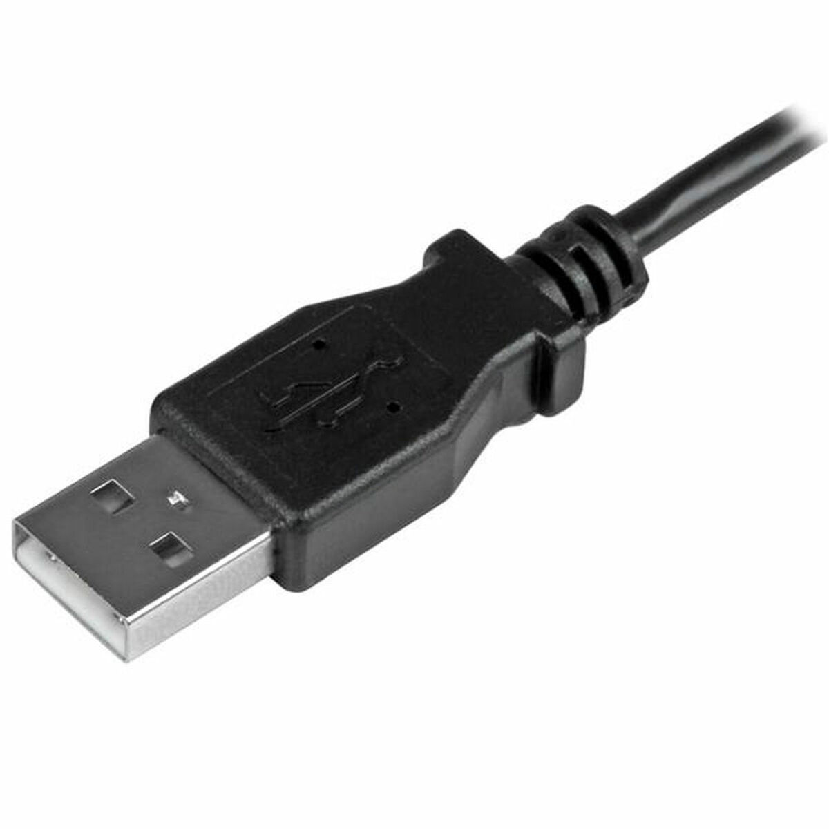 Cavo USB nero con connettore USB-A su sfondo bianco.