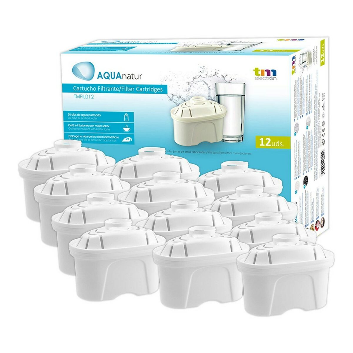 Cartuchos de filtro AQUA Natur en una caja. Blanco y azul, fondo blanco.