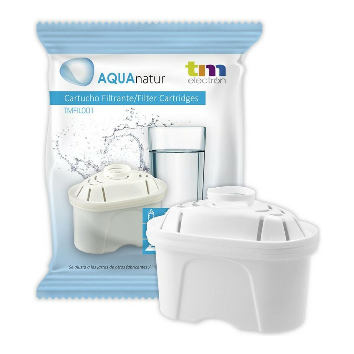 Cartuchos de filtro Aqua Natur en una bolsa, con un vaso de agua y un filtro.