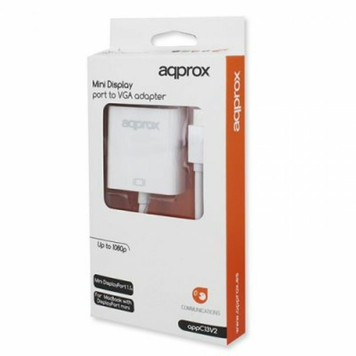 Caja blanca y naranja para un adaptador Mini DisplayPort a VGA.