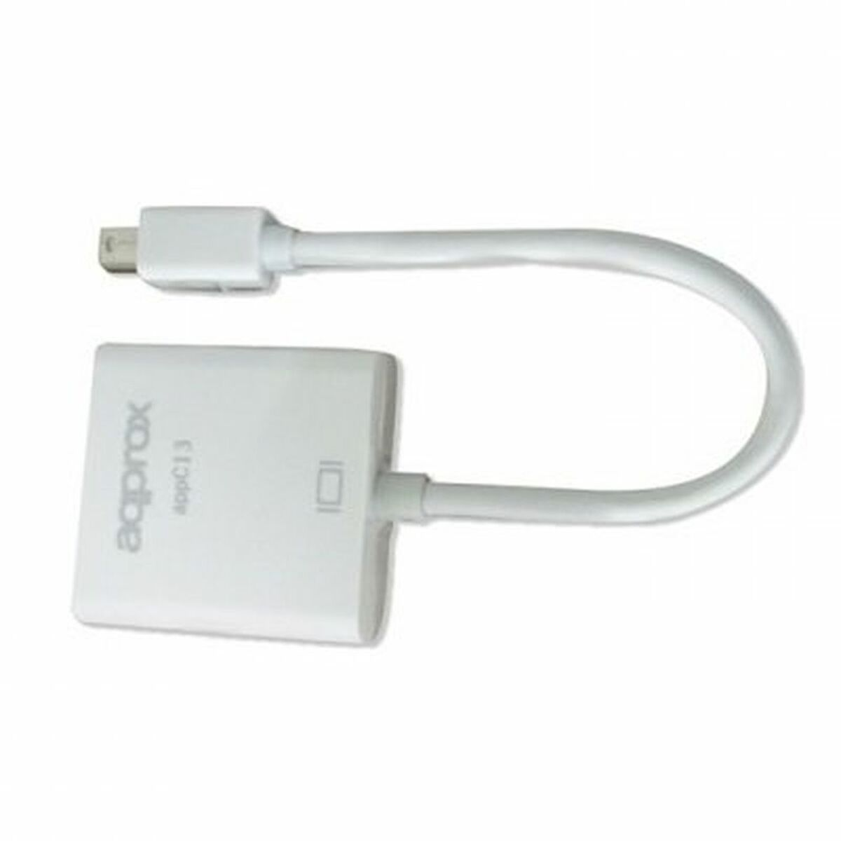 Adaptador blanco con Mini DisplayPort y conector VGA, con cable curvo.