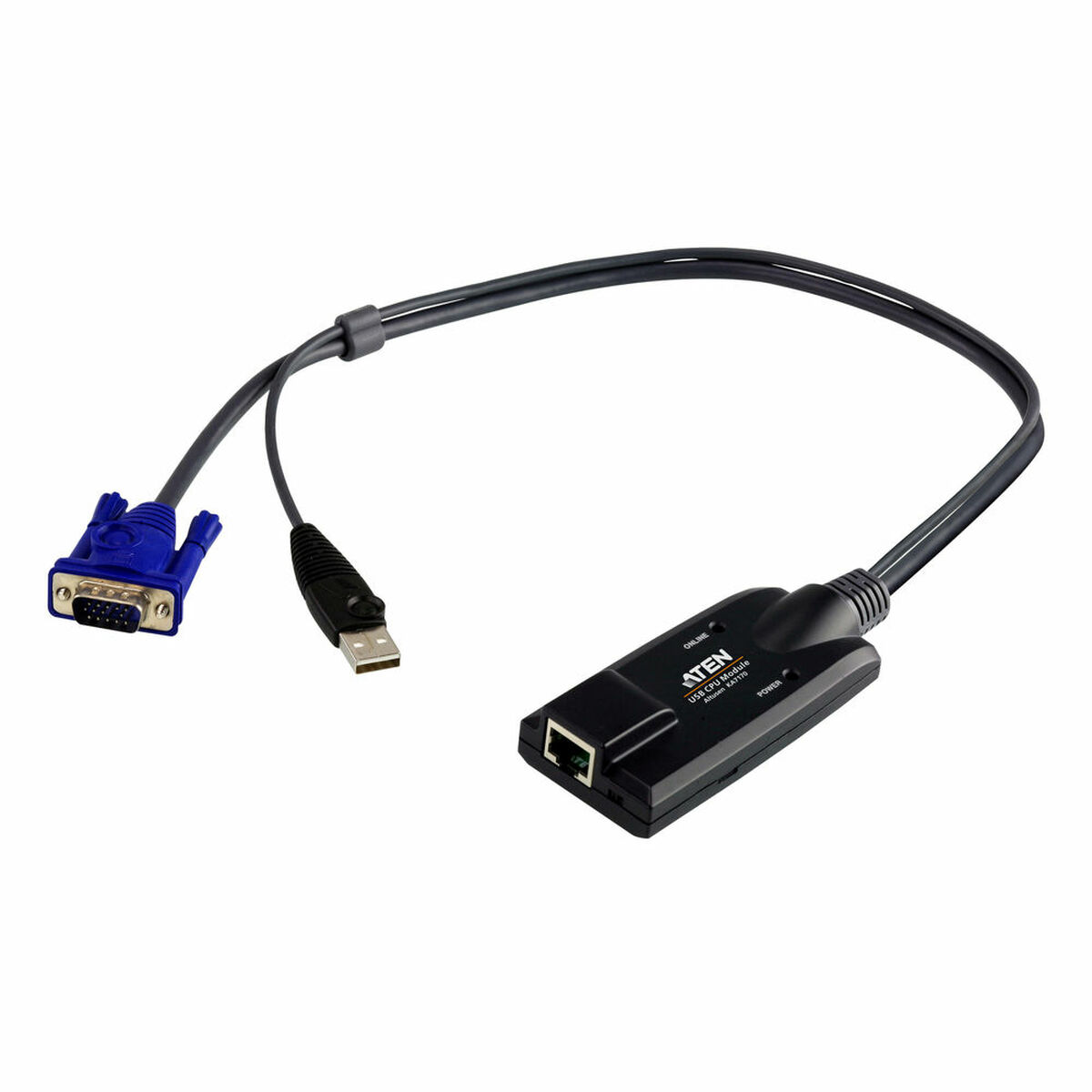 Czarny adapter VGA na USB i Ethernet. Białe tło.