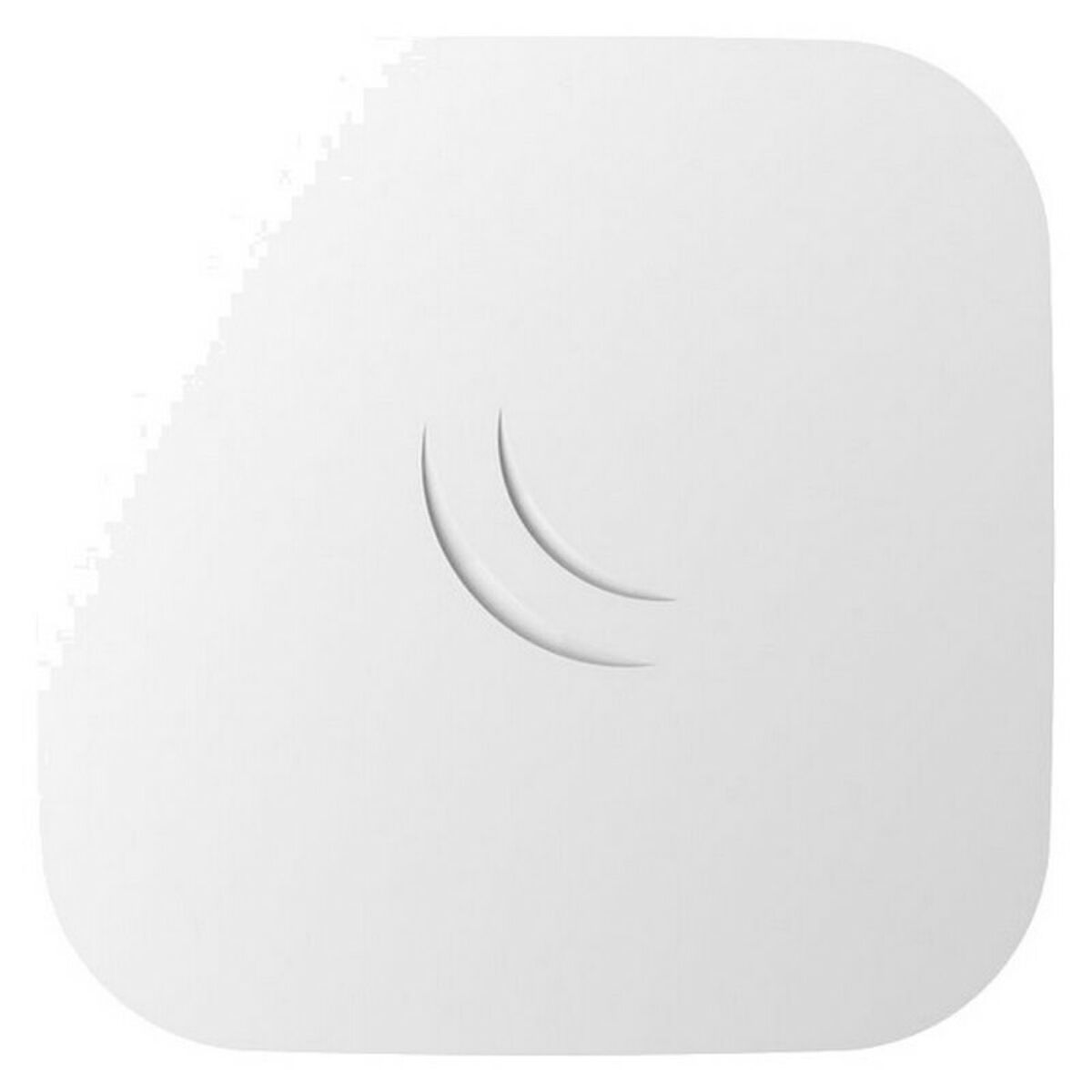 Białe kwadratowe urządzenie z dwiema zakrzywionymi liniami. Wygląda na element smart home.