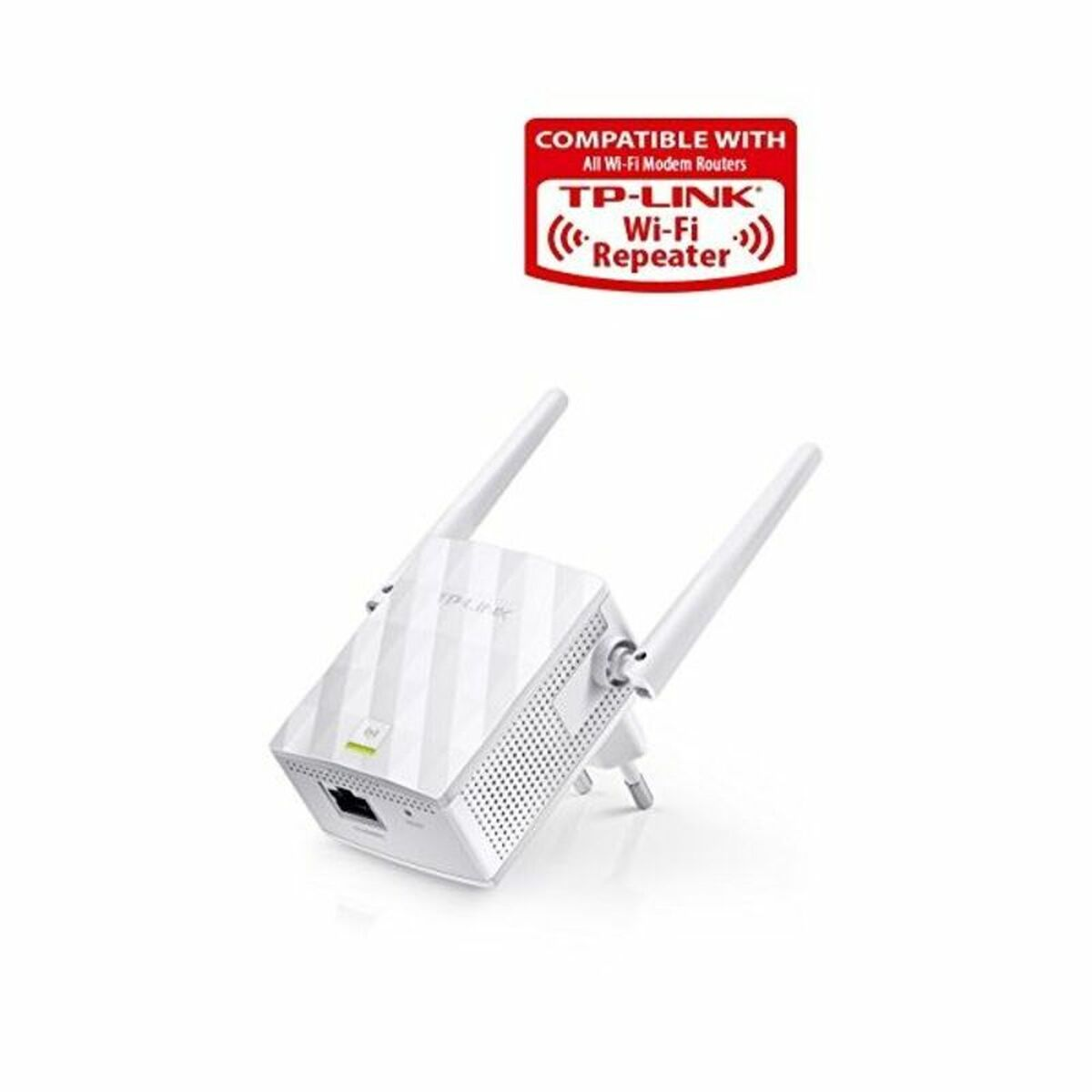 Repetidor Wi-Fi TP-Link blanco con antenas y un logotipo Compatible rojo.