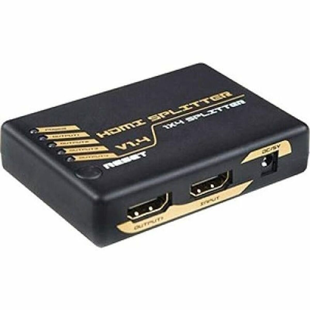 Divisor HDMI negro con detalles dorados, múltiples salidas y entrada.