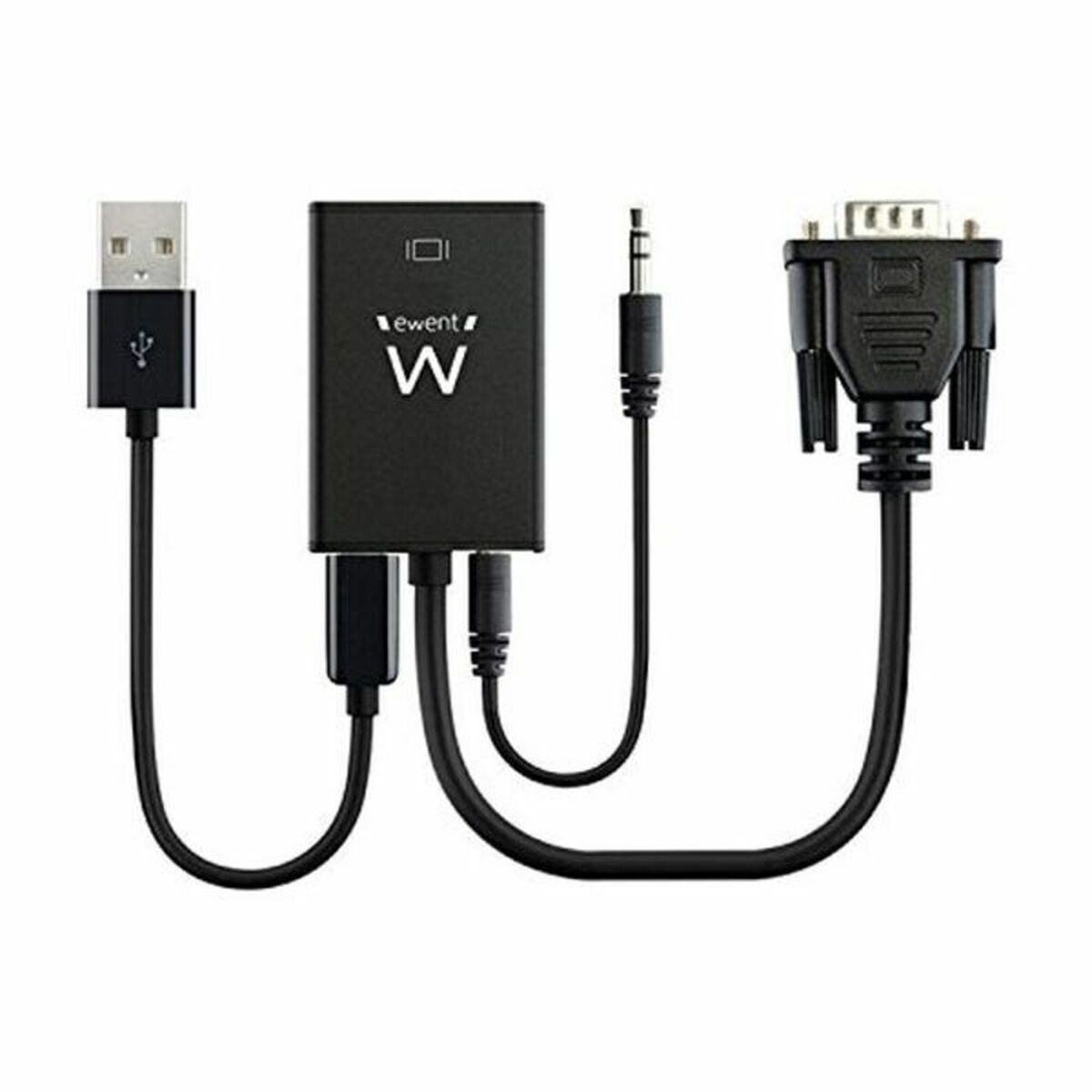 Adaptador negro con conectores USB, audio y VGA. El adaptador tiene el logotipo 'ewent W'.