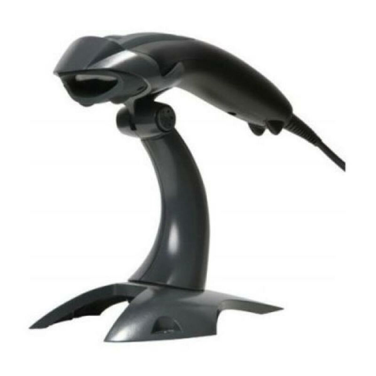 Scanner di codici a barre nero su un supporto. Lo scanner è angolato e ha un pulsante di attivazione.