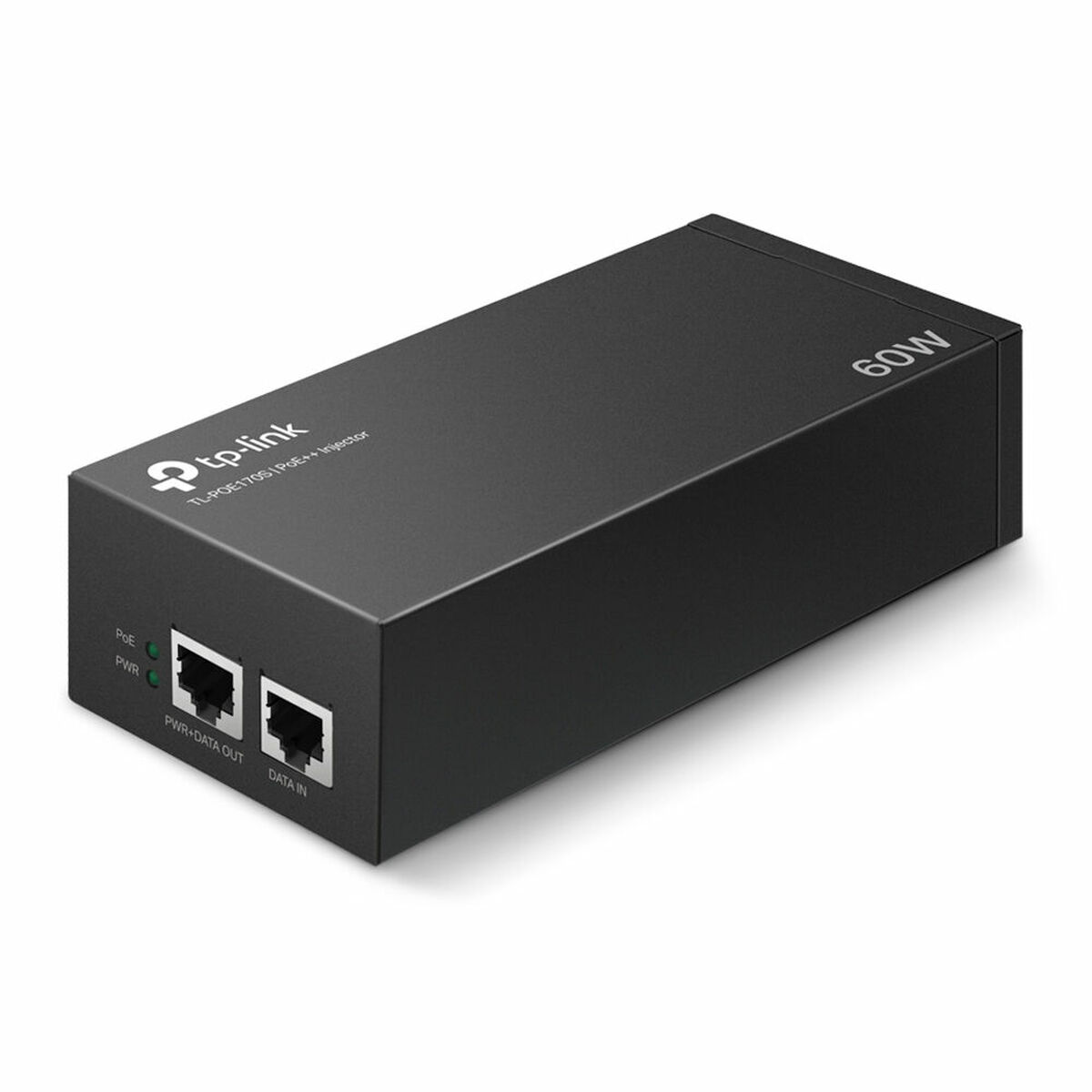 Siyah TP-Link PoE+ Enjektör, bağlantı noktaları ve 60W etiketi ile.