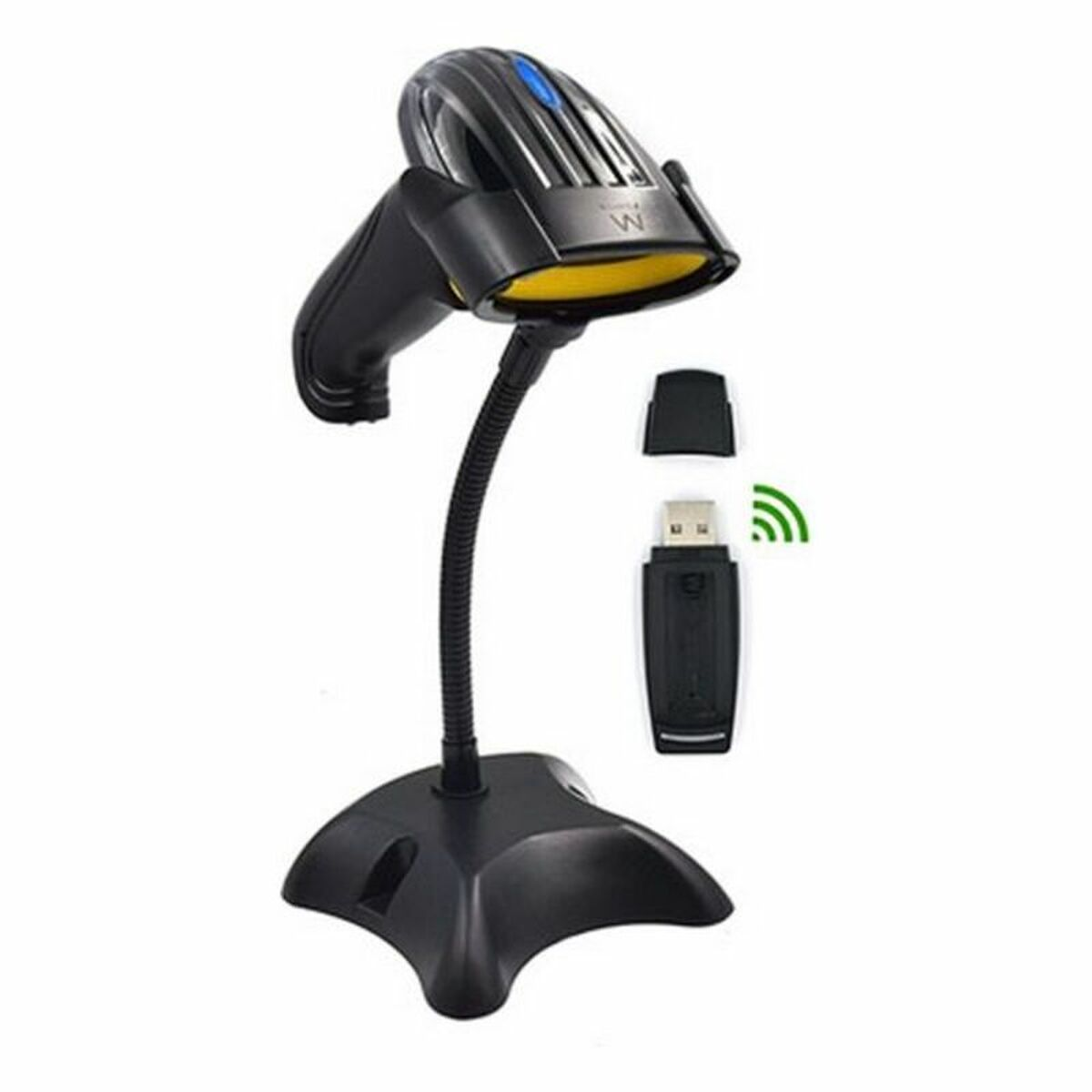 Ein schwarzer Barcodescanner auf einem Ständer. Es hat ein gebogenes Design und wird mit einem USB-Empfänger gezeigt.