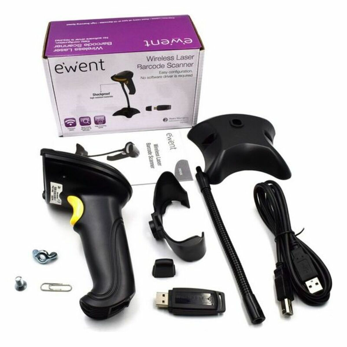 Ein Barcodescanner mit Zubehör, einschließlich Ständer, Kabeln und einer Box mit Produktname.