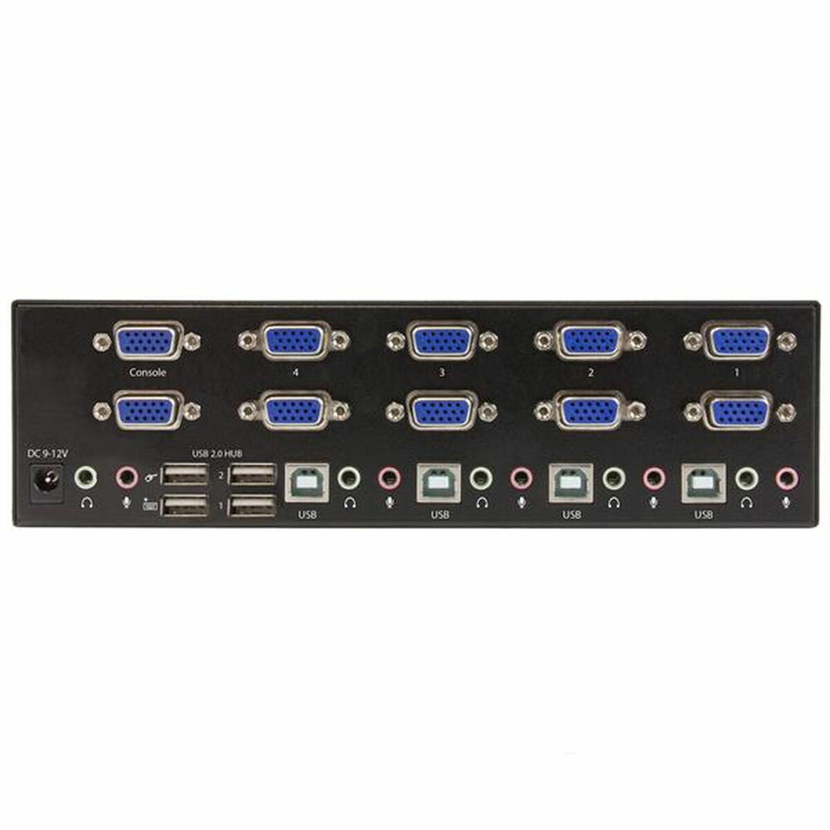 Switch KVM nero con più porte VGA e USB per collegare dispositivi.