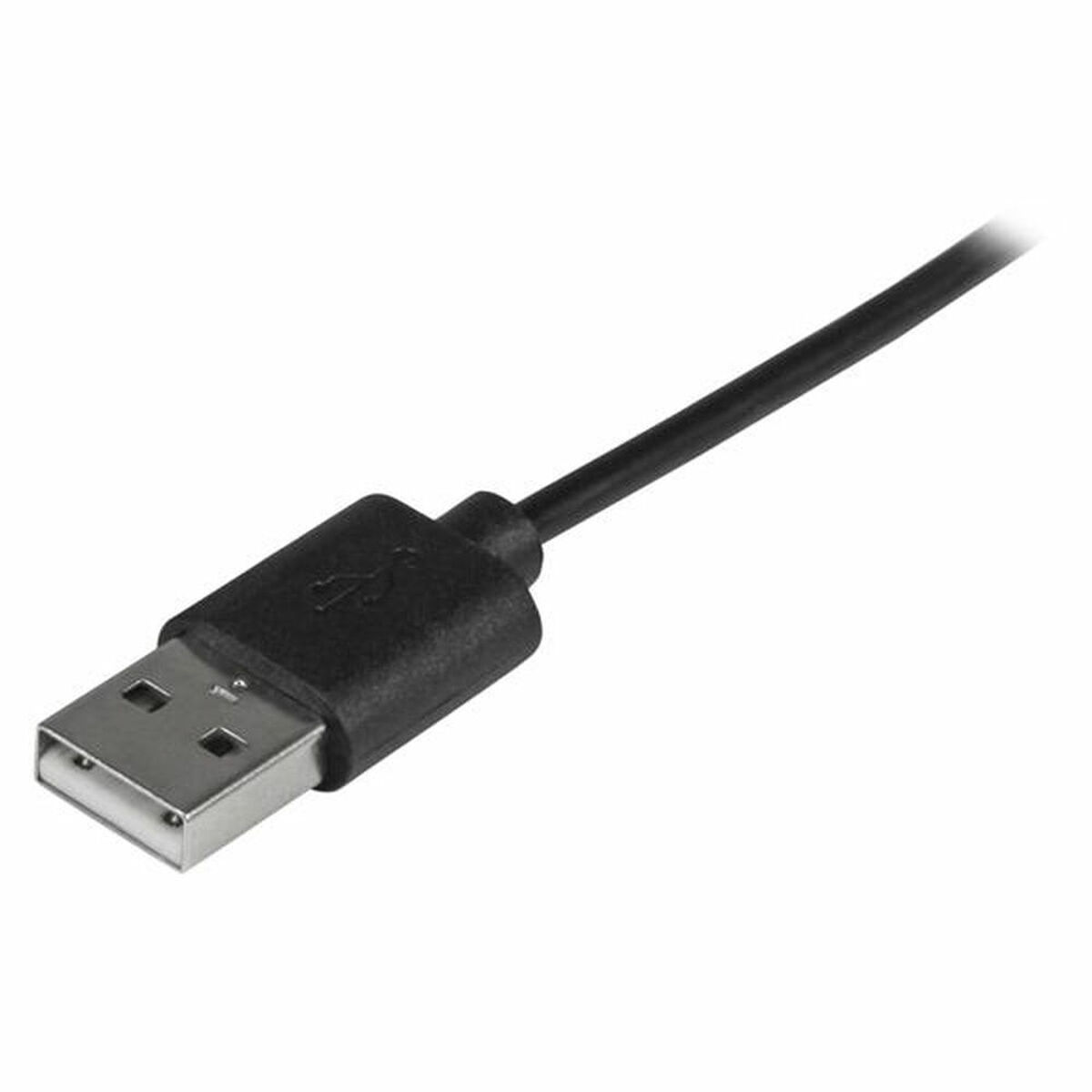 Zwarte USB-kabel. Zwarte connector met USB-symbool. Witte achtergrond.