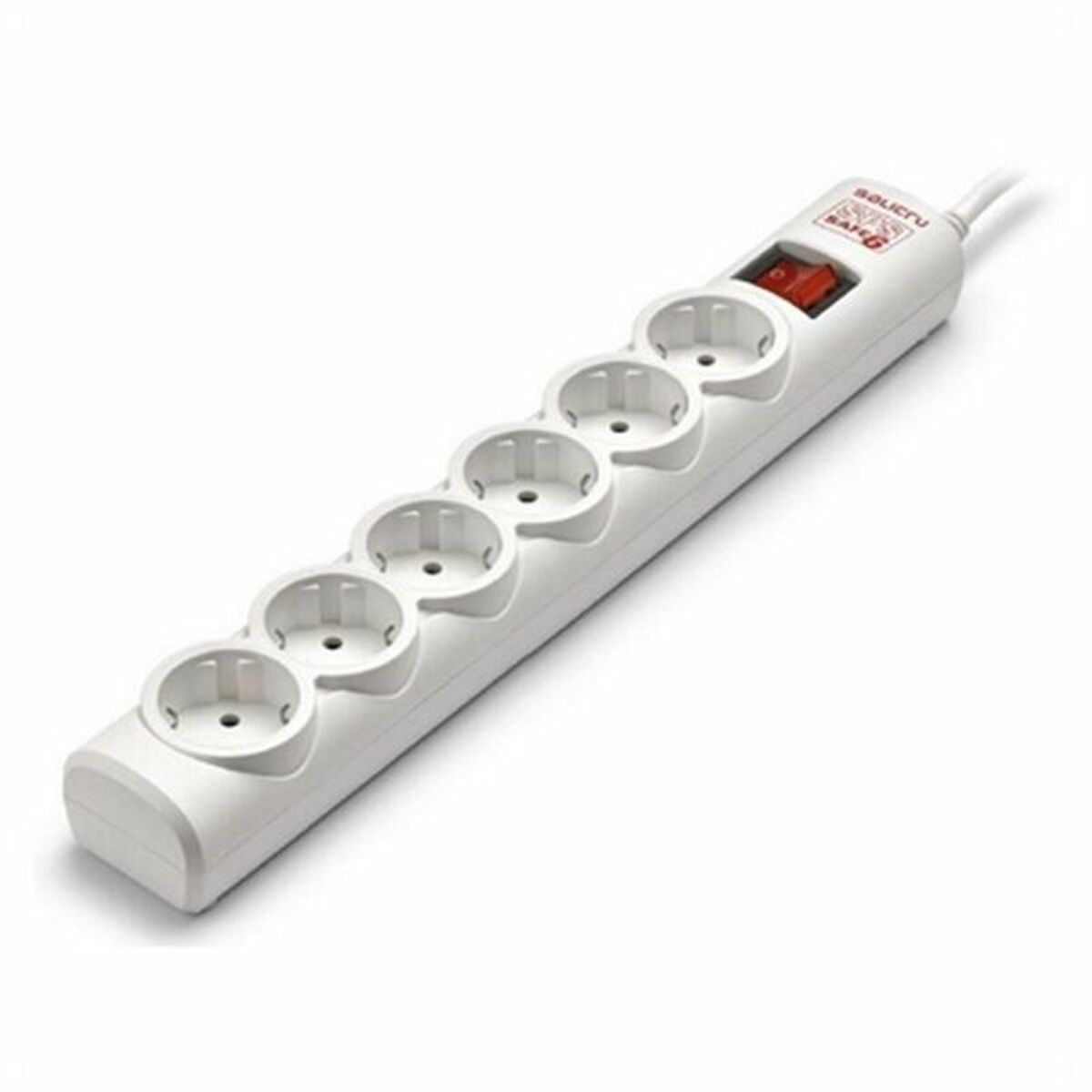 Regleta blanca con 6 enchufes, un interruptor rojo y un cable de alimentación blanco.