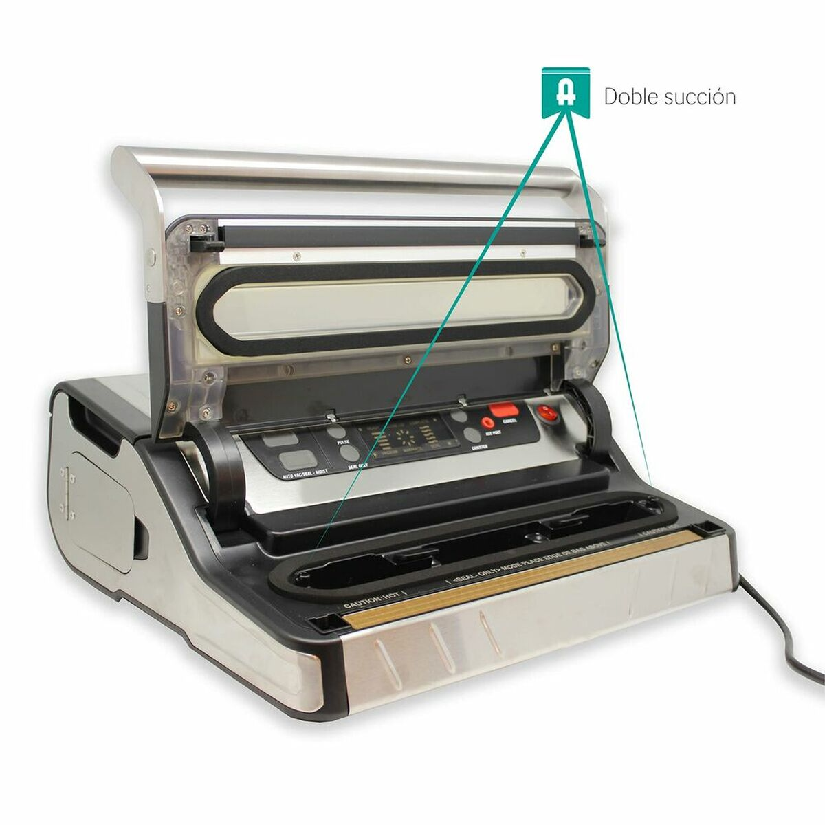 Selladora al vacío plateada y negra con tapa abierta, botones y cable de alimentación, en blanco.