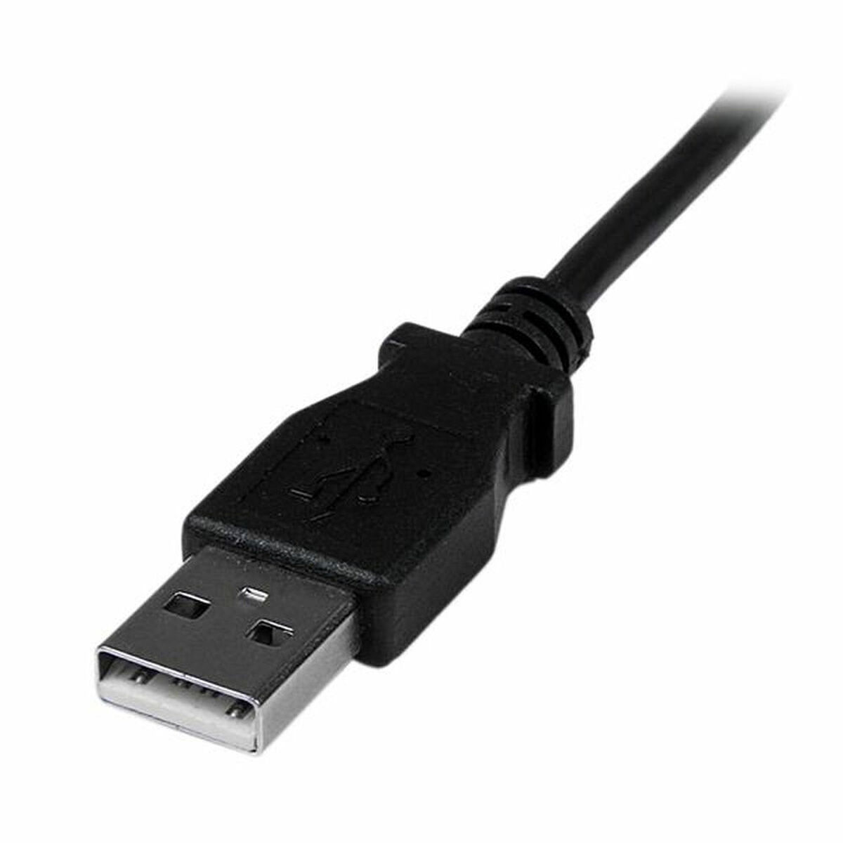 Een zwarte USB-connector op een kabel. De connector heeft het USB-symbool.