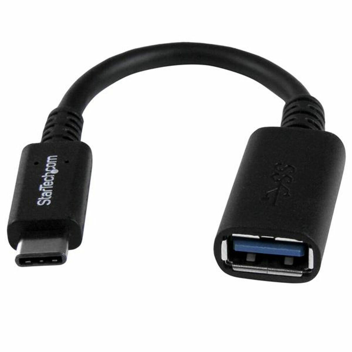 Zwarte USB-C naar USB 3.0 adapterkabel. Eén uiteinde is USB-C, de andere USB 3.0.