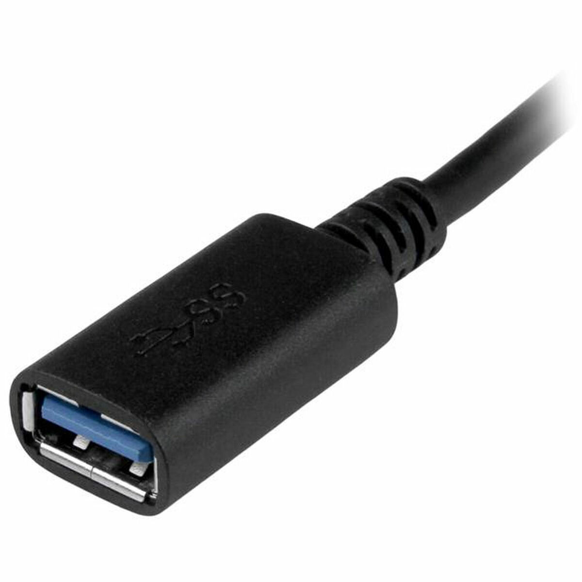 Een zwarte USB 3.0-adapter met een blauwe connector en een StarTech-logo.