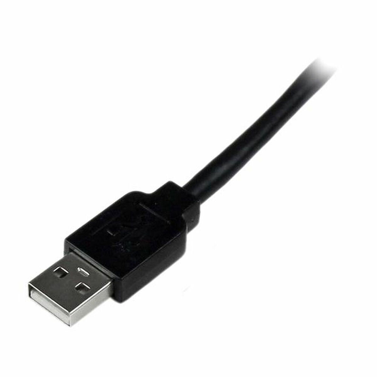 Un cavo USB nero con connettori USB su entrambe le estremità, su sfondo bianco, primo piano.