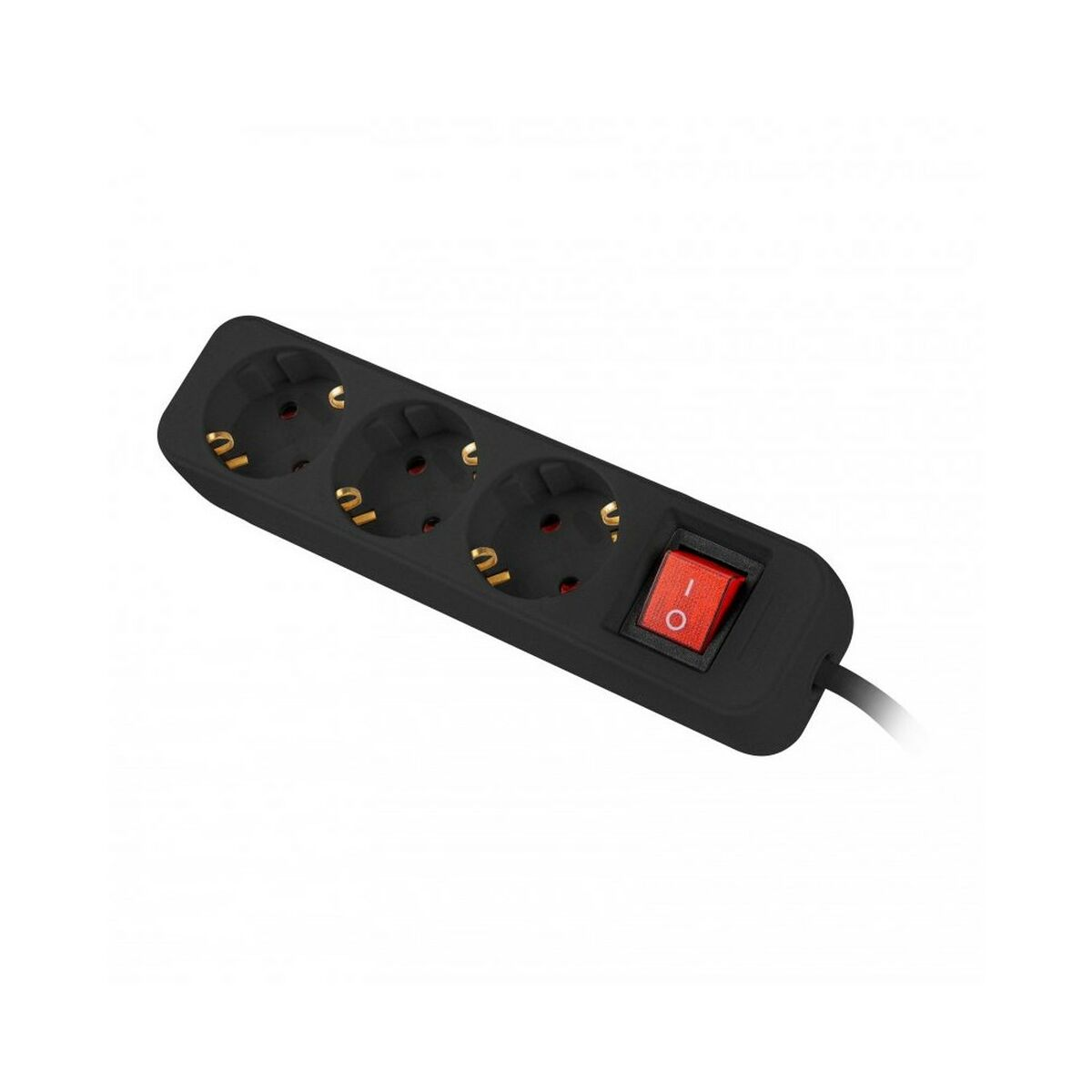 Czarny przedłużacz z trzema gniazdami i czerwonym włącznikiem/wyłącznikiem.