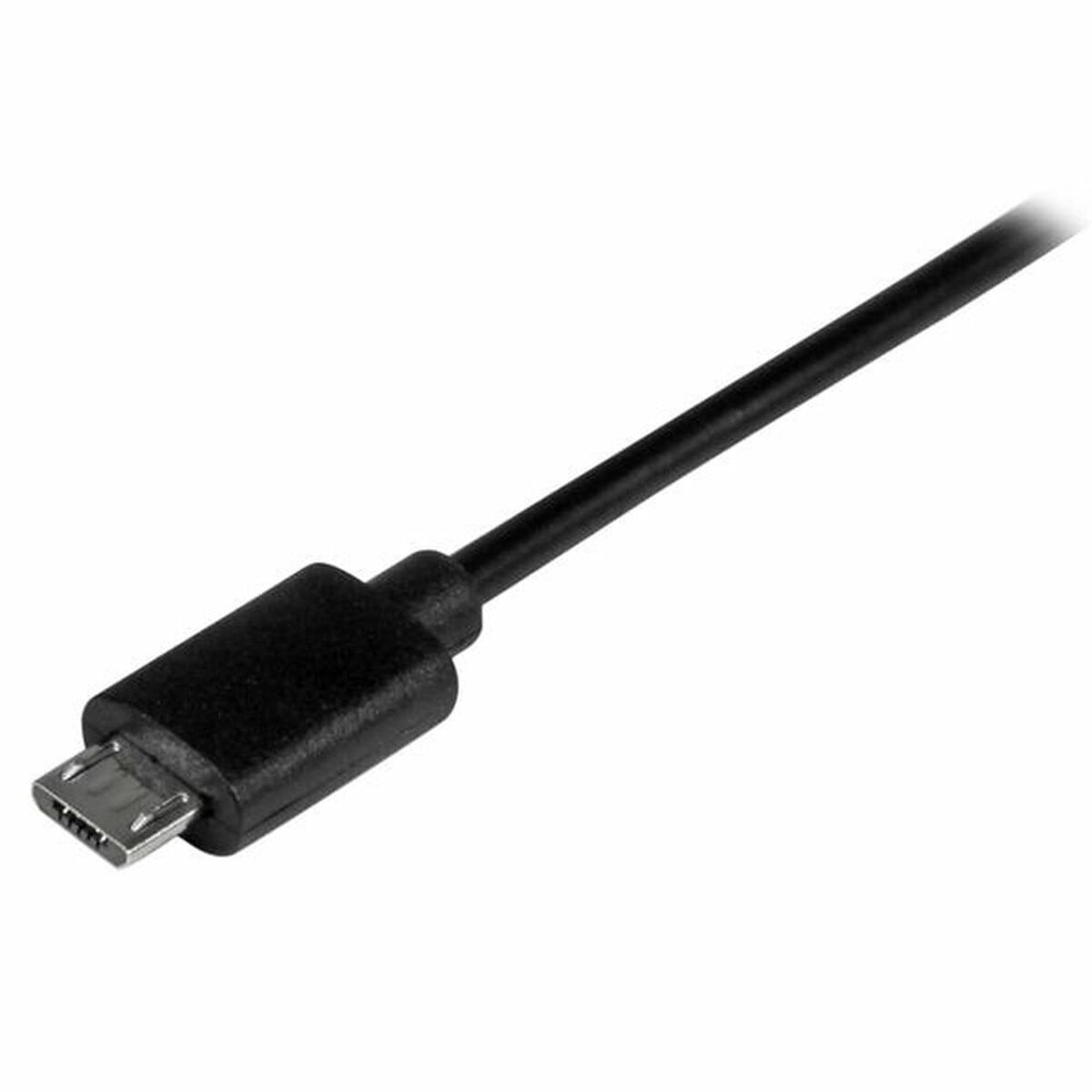 Close-up van een zwarte micro-USB-kabel met een connector.