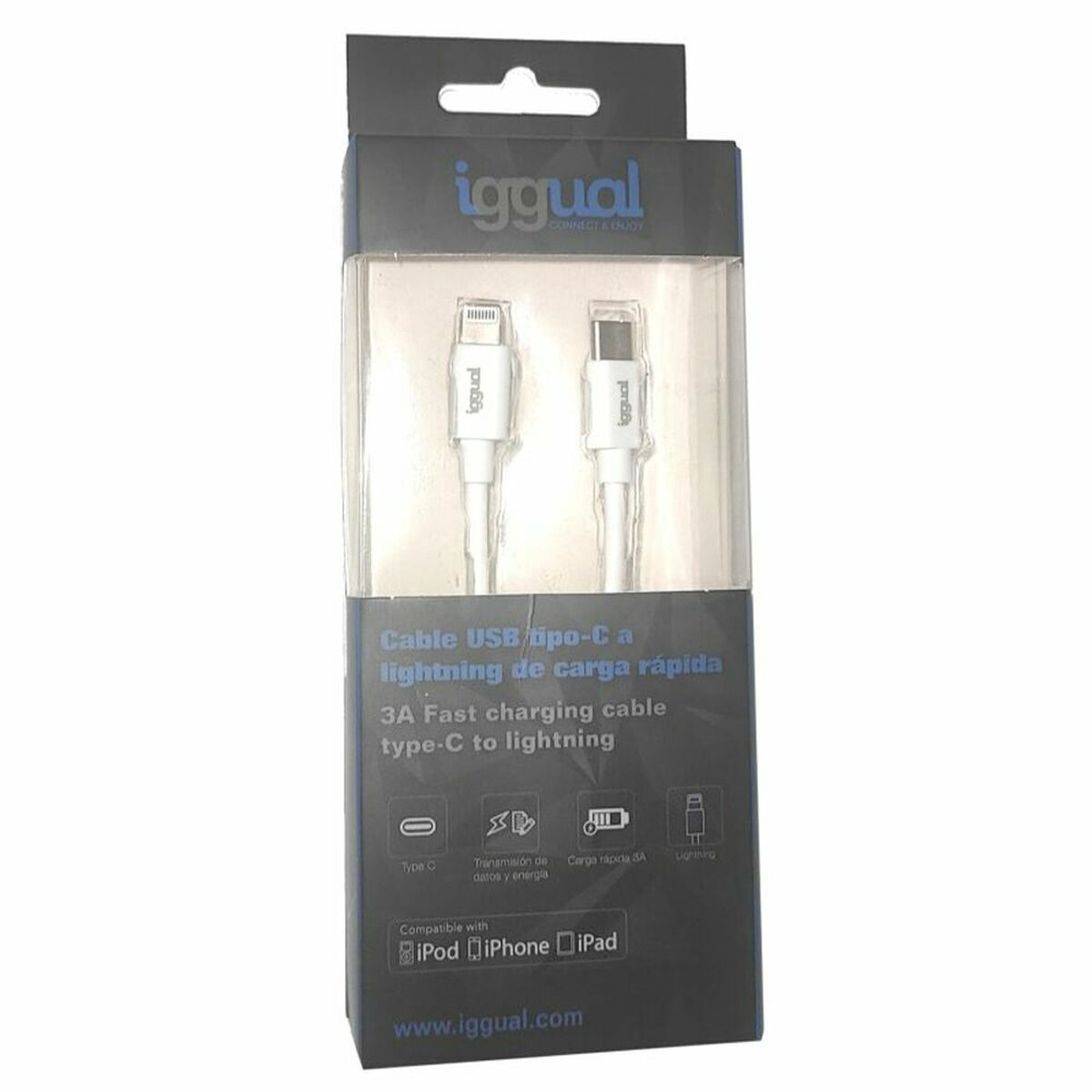 Cable USB-C a Lightning. Caja negra. Fondo blanco.