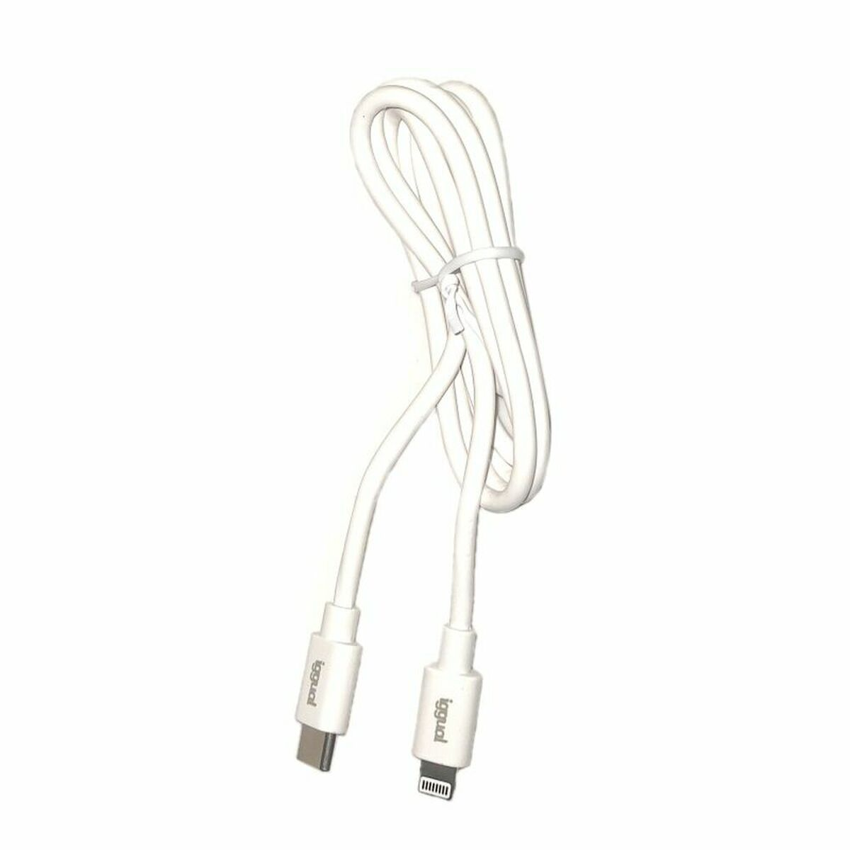 Cable blanco USB-C a Lightning, enrollado sobre fondo blanco.
