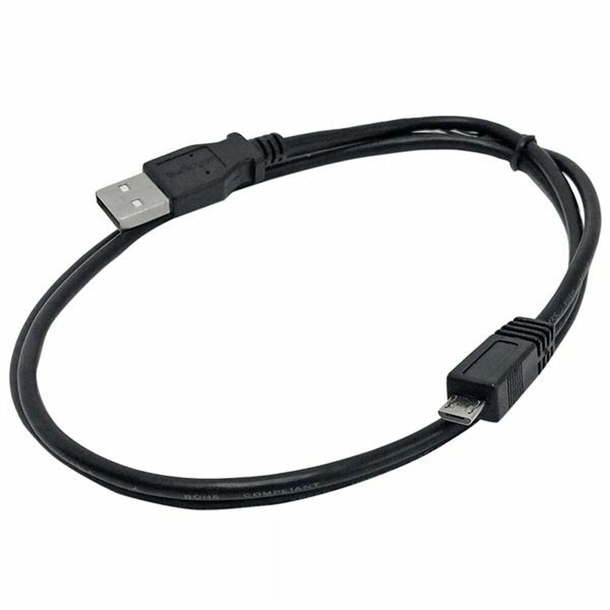 Zwarte USB naar micro-USB kabel met mannelijke connectoren aan beide uiteinden.