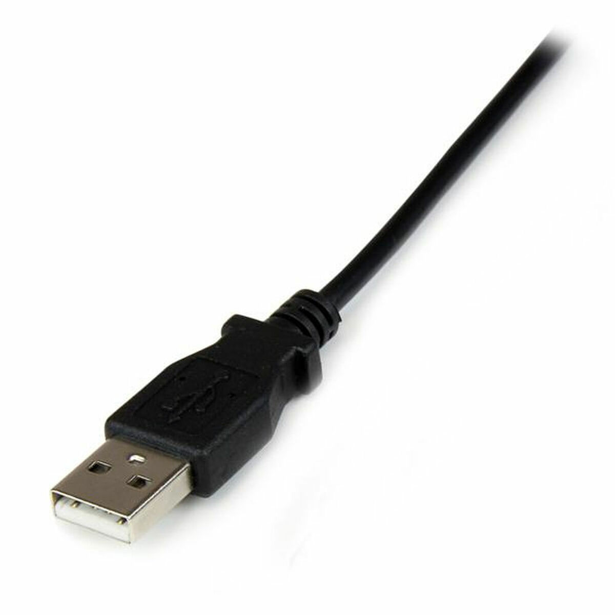 Cable USB negro con conector USB-A. El cable está sobre una superficie blanca.