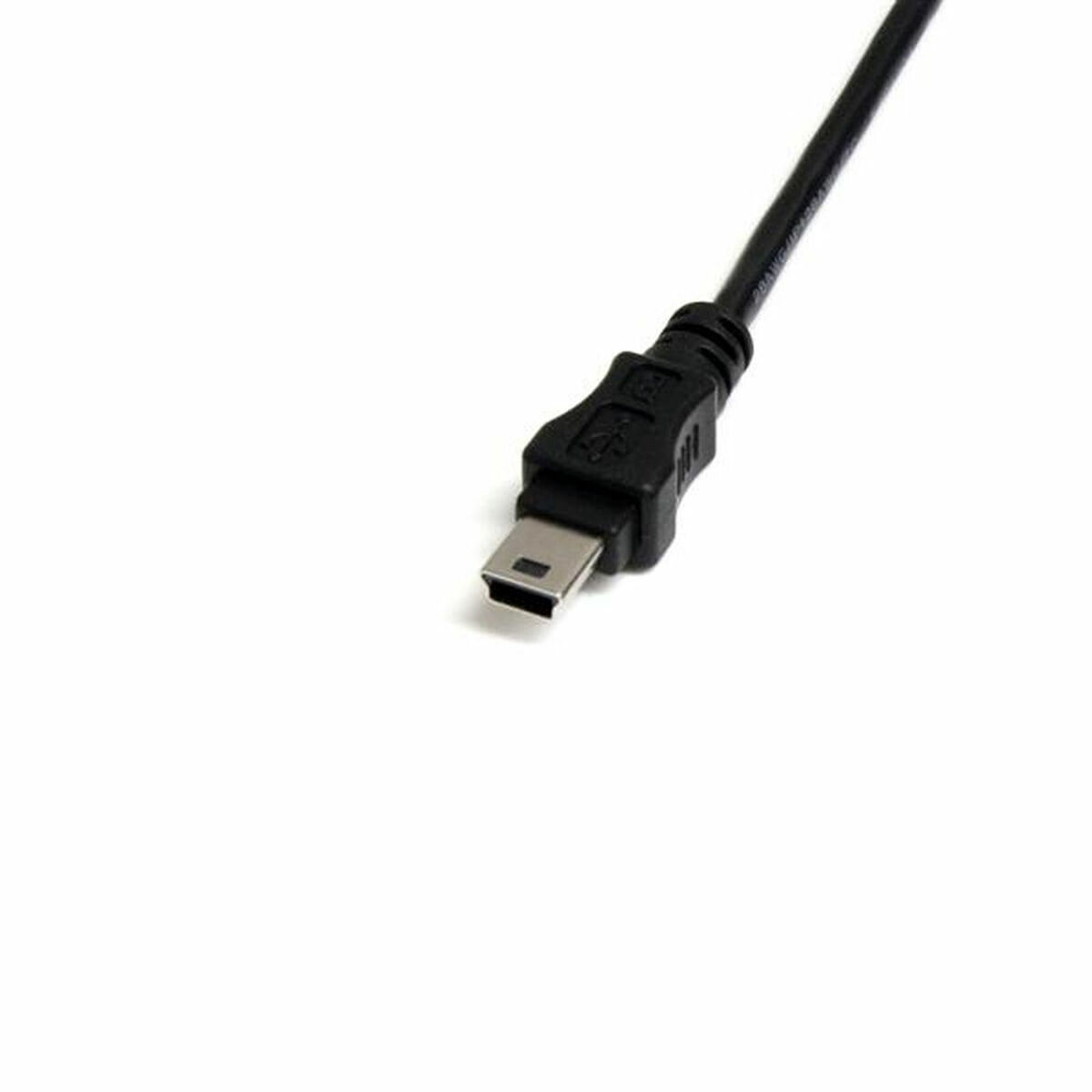 Een zwarte USB naar mini-USB kabel met zwarte connector en witte achtergrond.