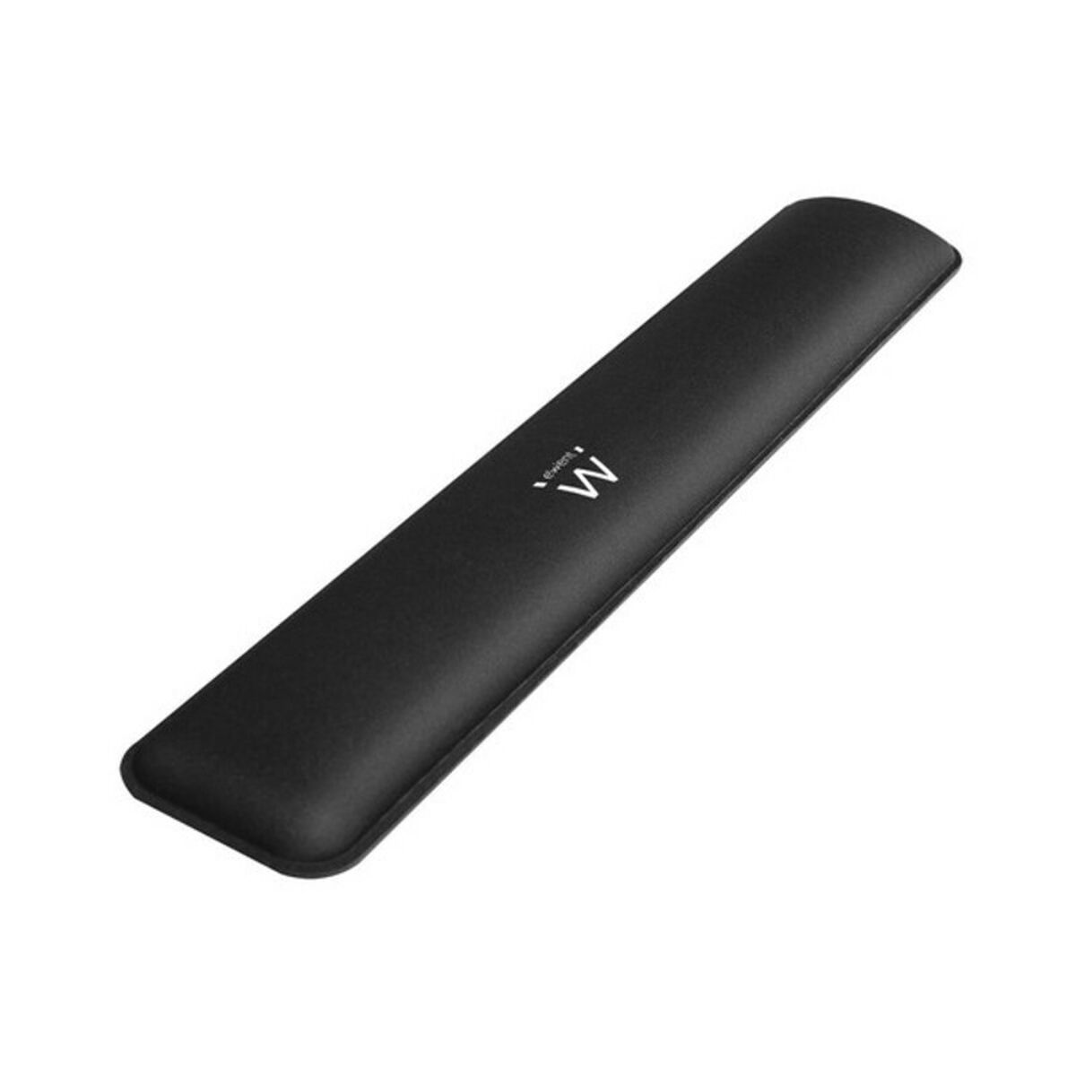 Un reposamuñecas negro para teclado, con logo 'M' blanco y forma curva.