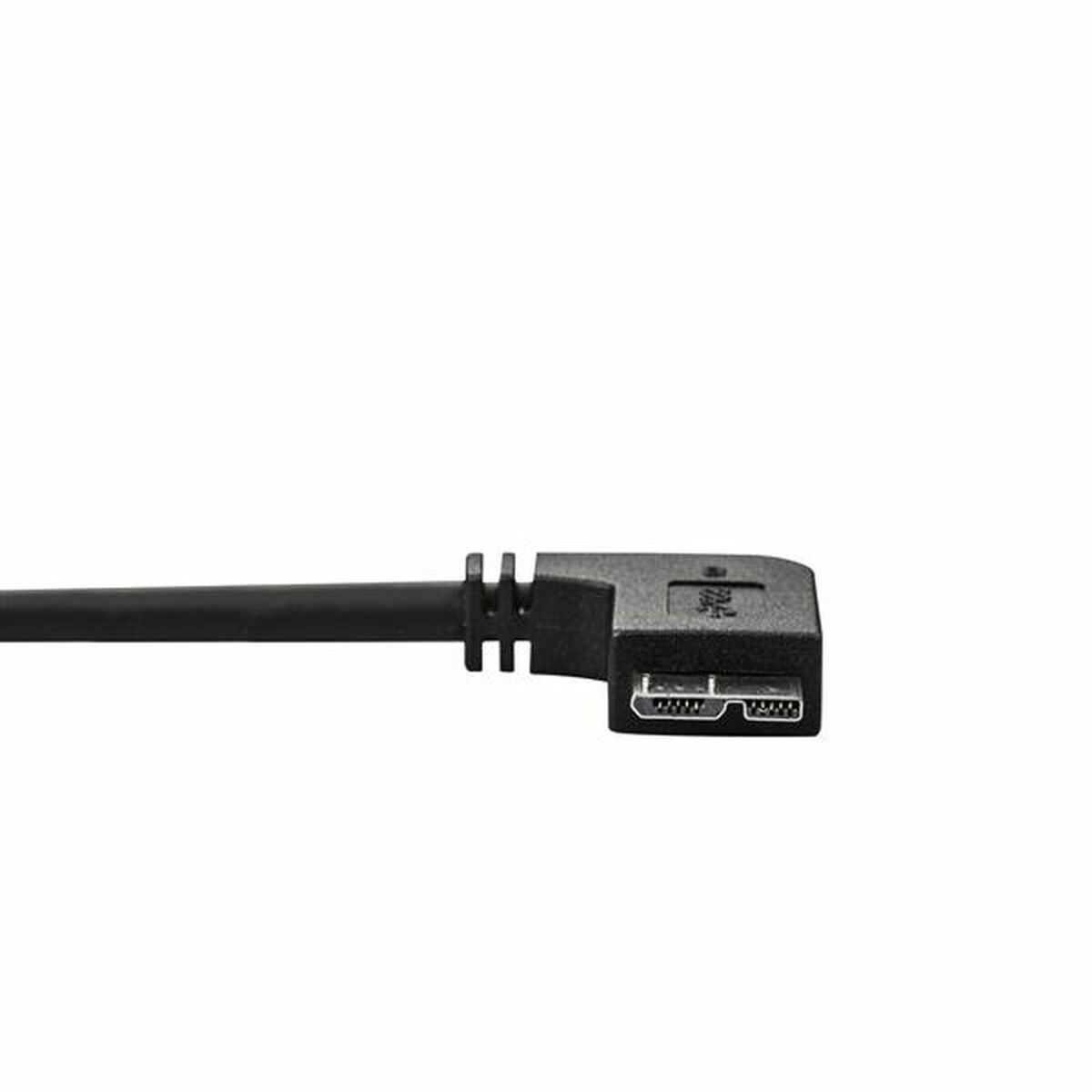 Cavo USB-C nero con connettore ad angolo retto. Il cavo è su uno sfondo bianco.