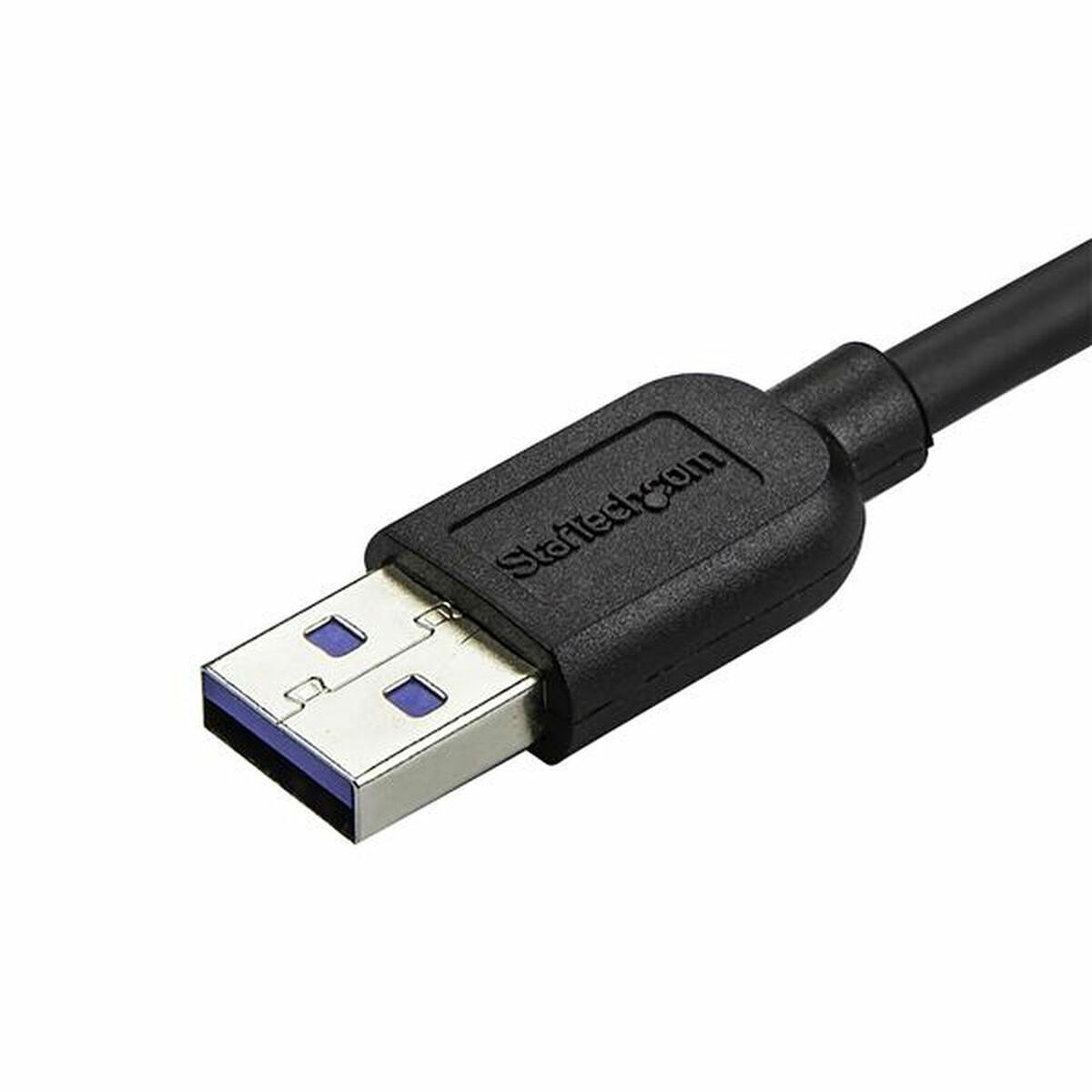 Un cavo USB nero con il logo Startech.com sul connettore, su sfondo bianco.