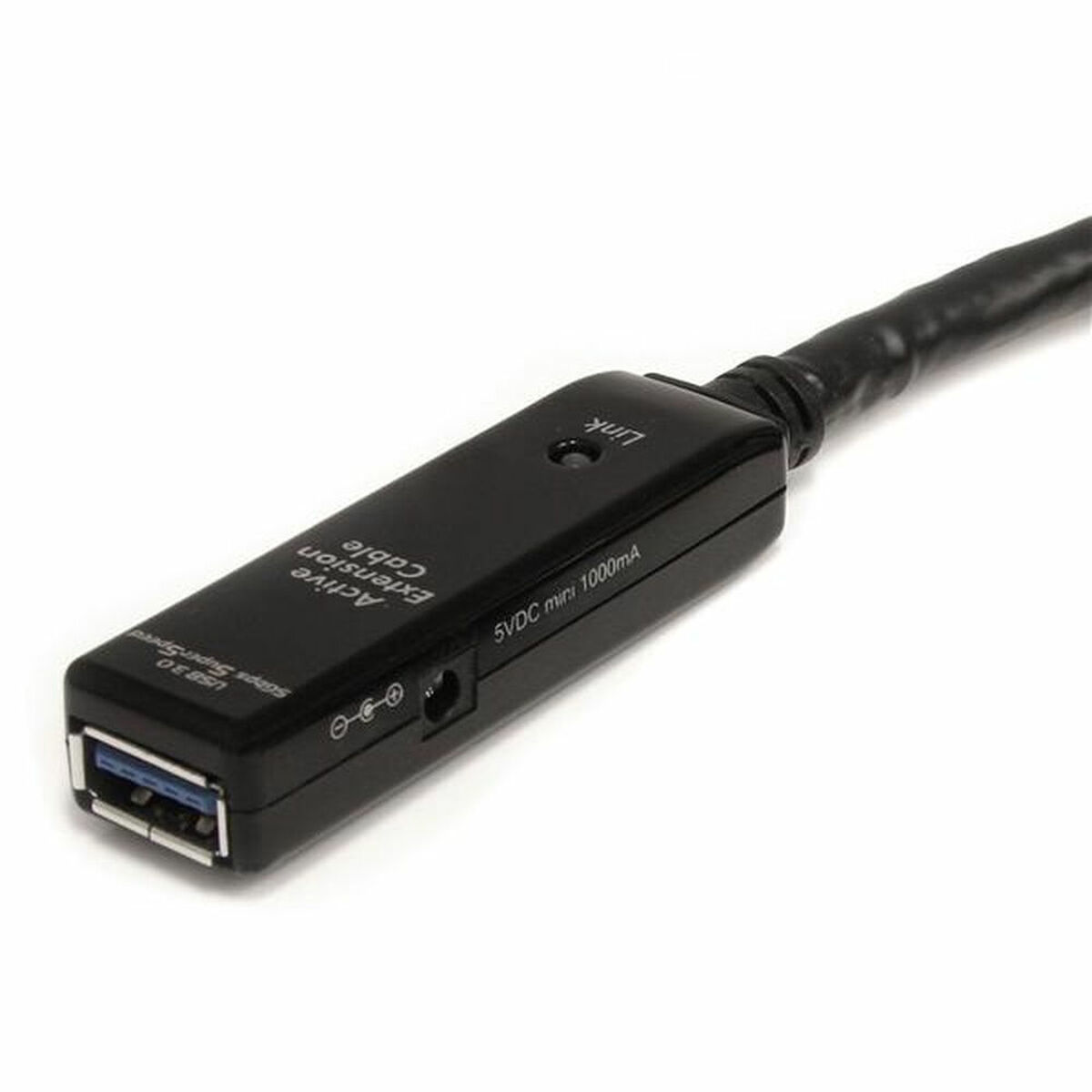 Black USB 3.0 extension cable with connector and a mini port.